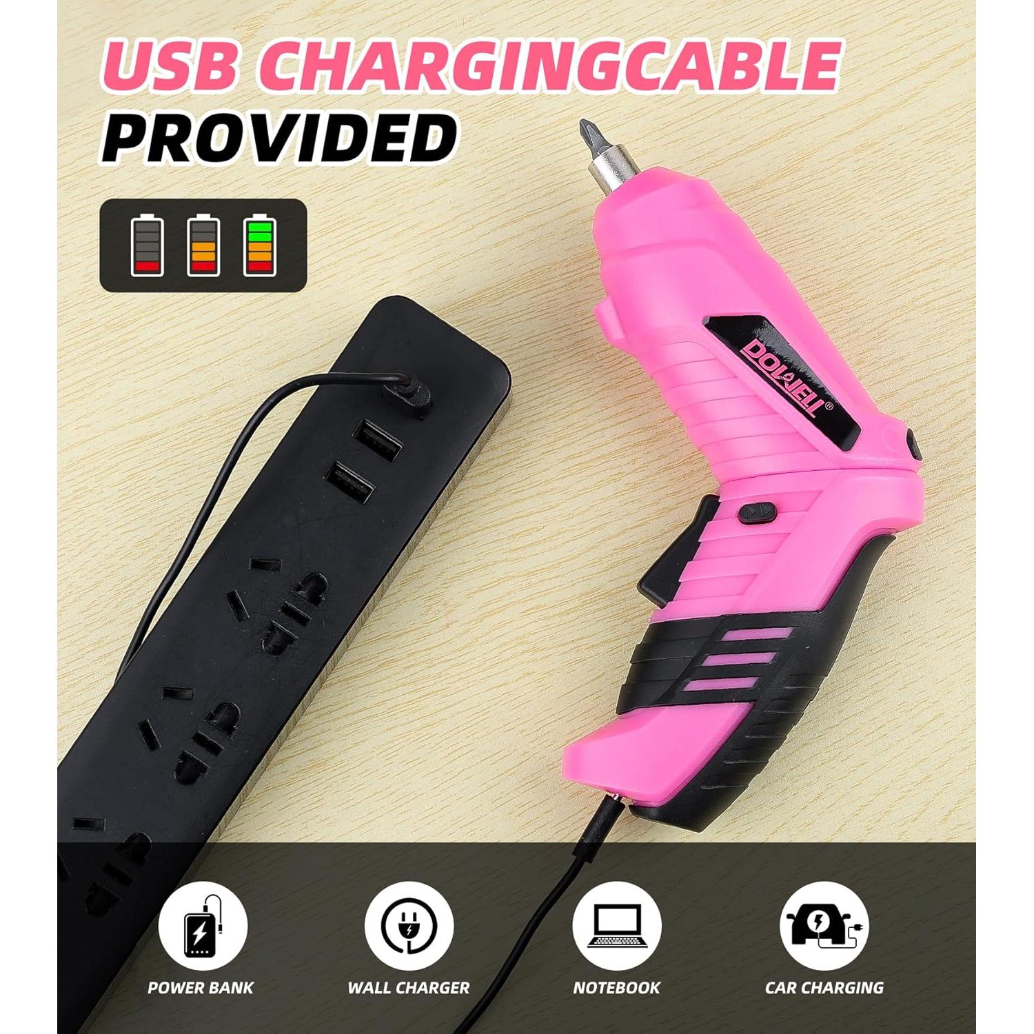 Destornillador Eléctrico Inalámbrico DOWELL 3.6V Rosa con 27 Accesorios