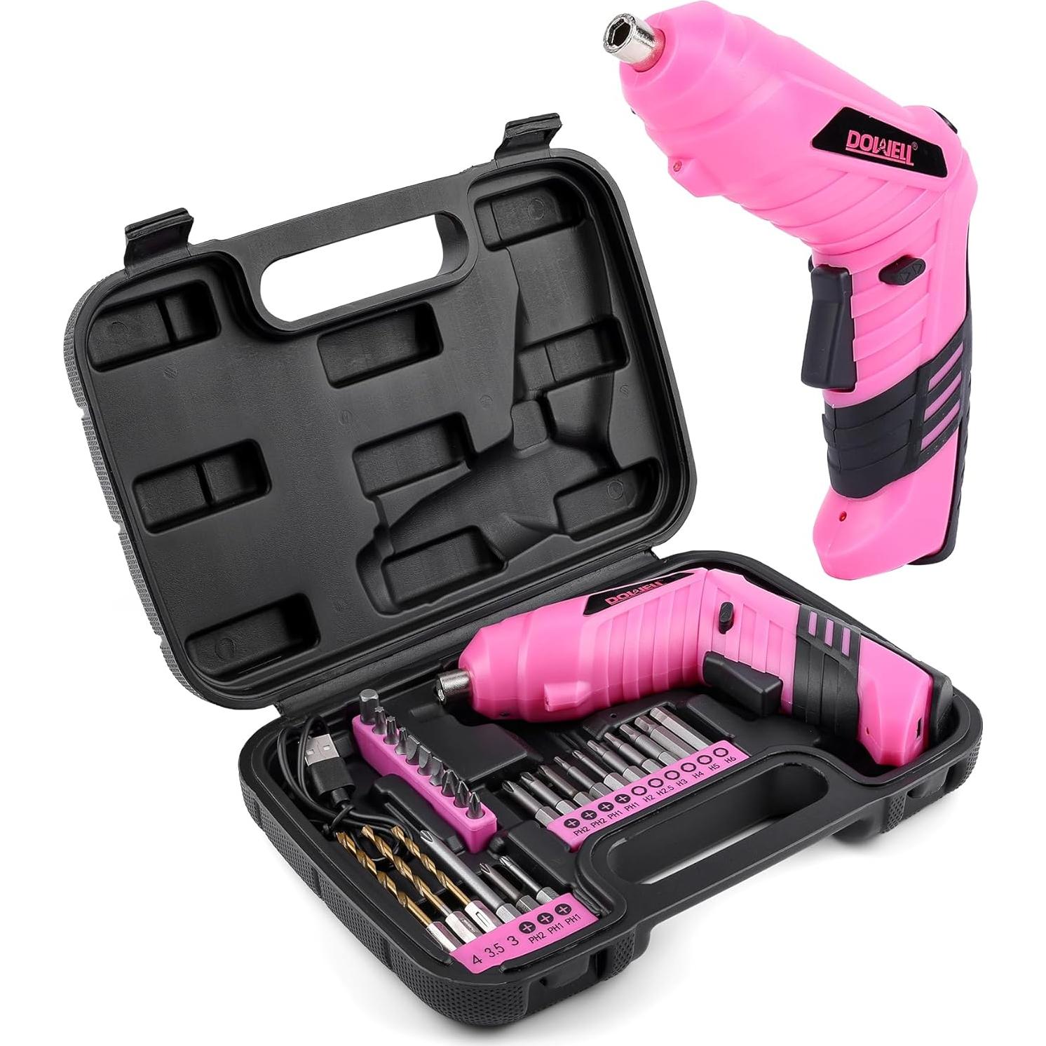 Destornillador Eléctrico Inalámbrico DOWELL 3.6V Rosa con 27 Accesorios