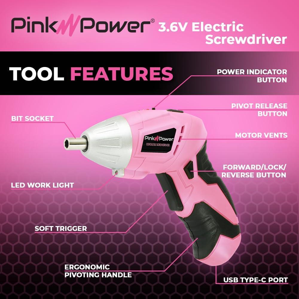 Destornillador Eléctrico Inalámbrico Rosa Pink Power PP481 3.6V