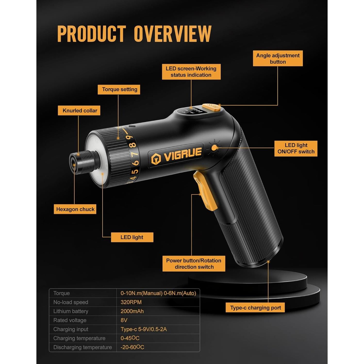 Destornillador Eléctrico Inalámbrico VIGRUE 8V con 47 Accesorios