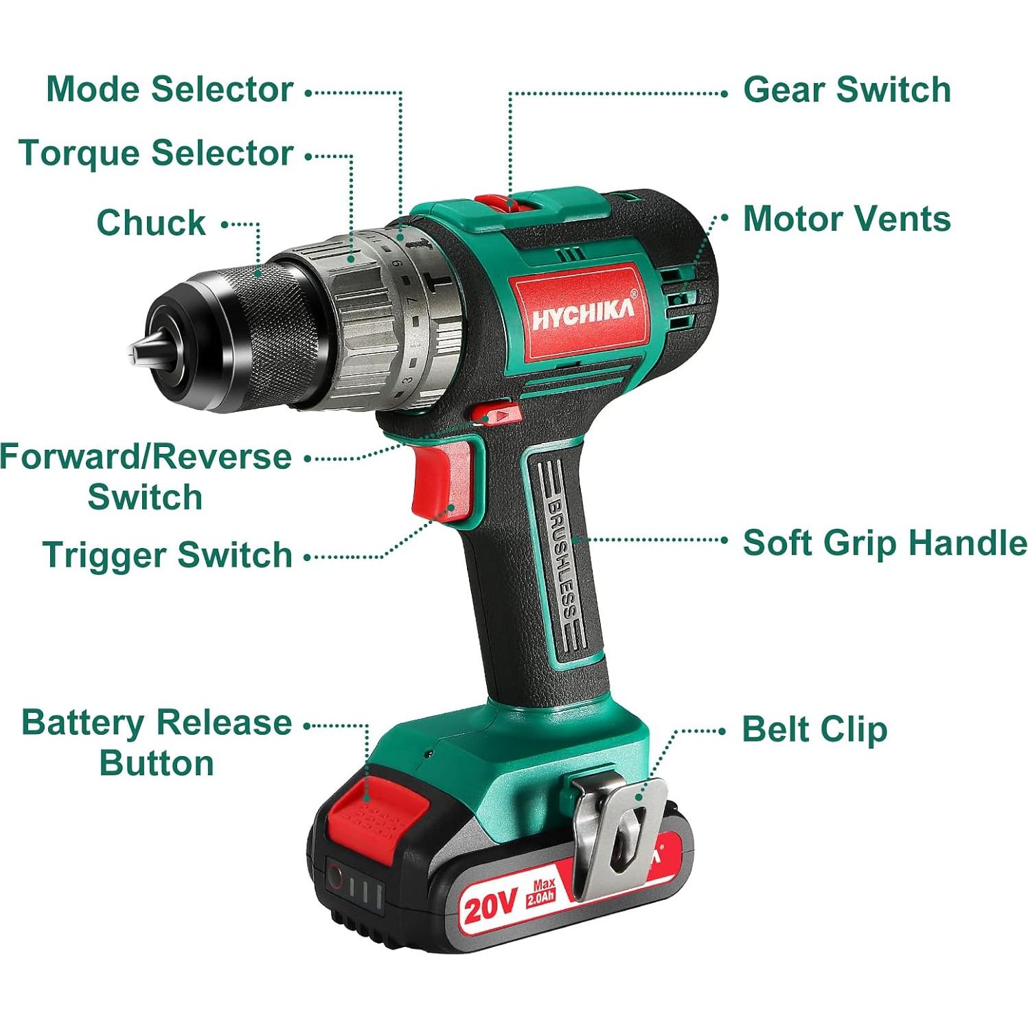 Taladro Inalámbrico 20V HYCHIKA Sin Escobillas 60 Nm 2 Velocidades
