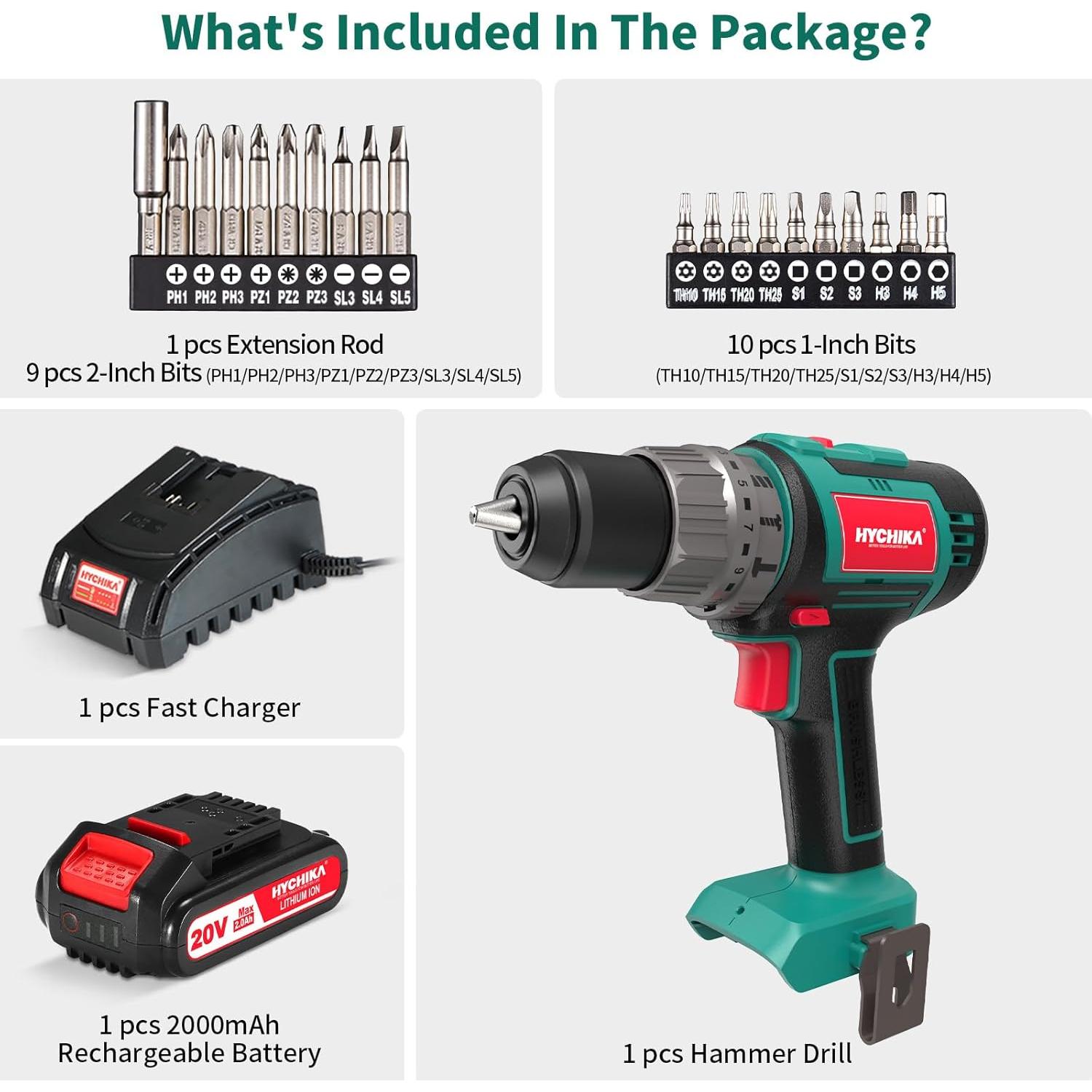 Taladro Inalámbrico 20V HYCHIKA Sin Escobillas 60 Nm 2 Velocidades