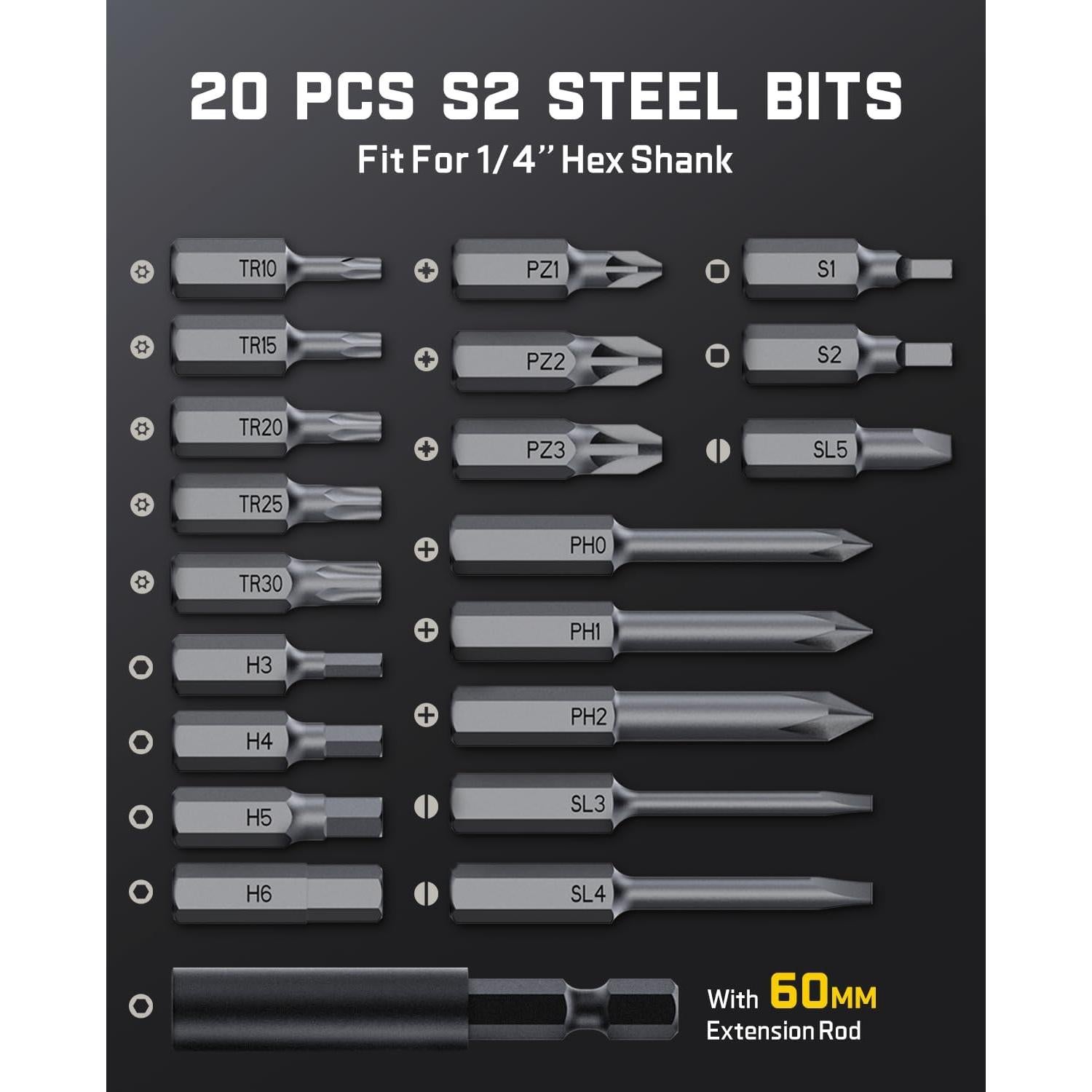 S2 Pro Electric Screwdriver, Cordless Screwdriver Set, 7 Torque Settings, 0.5 to 6N.m, 20 Magnetic Bits, 1/4''Hex Shank, with 90° Angle Adapter, for Furniture, Household Repairs