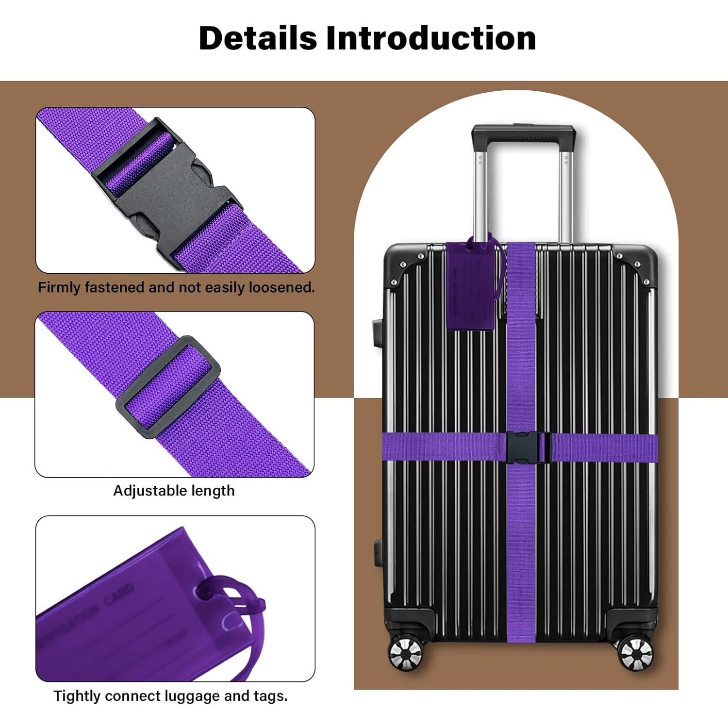 Juego de 8 correas y etiquetas de equipaje Leehoom morado