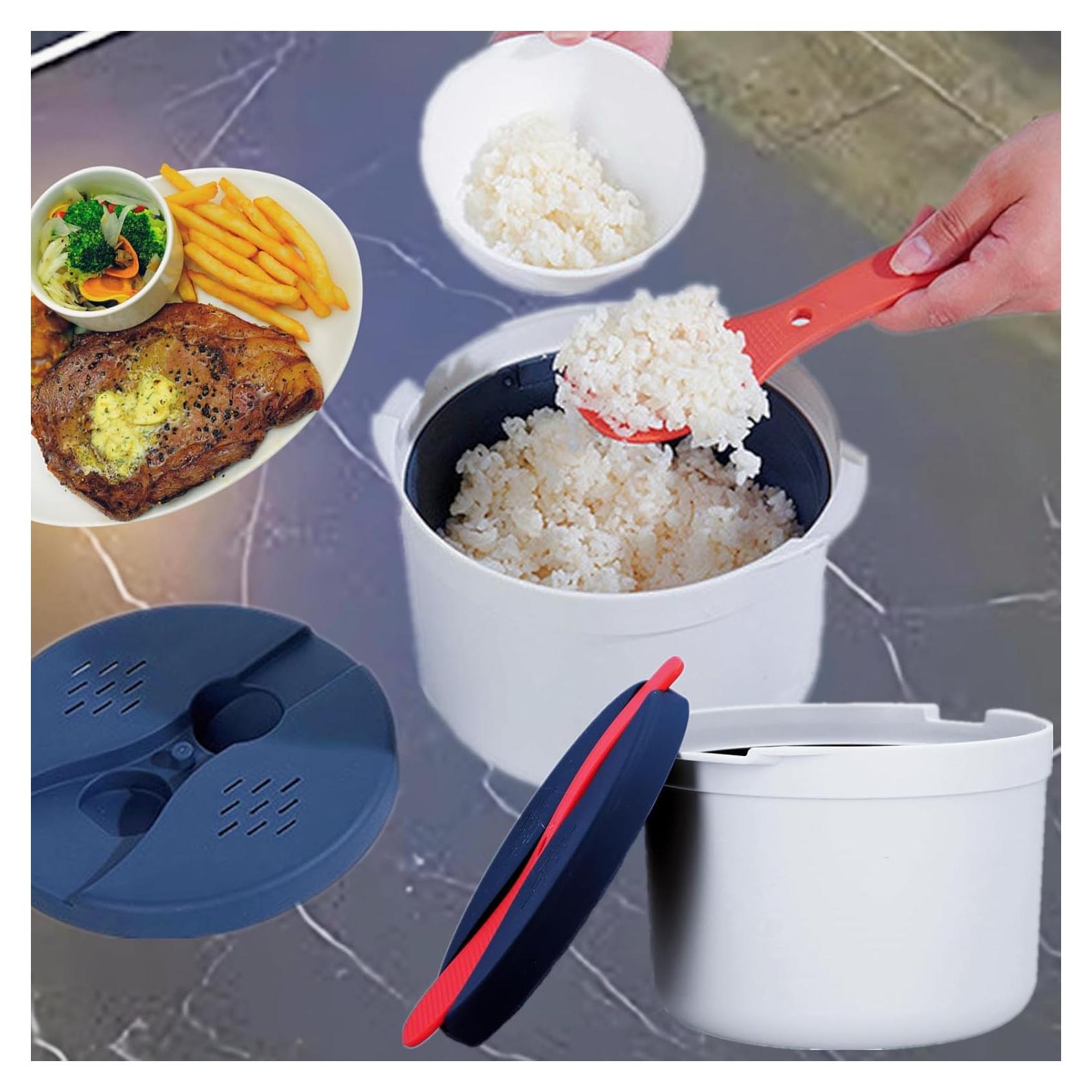 Qivine Microwave Rice Cooker Steamer, 2L Microwave Pasta Cooker, Microwave Cookware Set with Strainer Non-stick Food Grade for Cooking Vegetables Up to 8 Cups