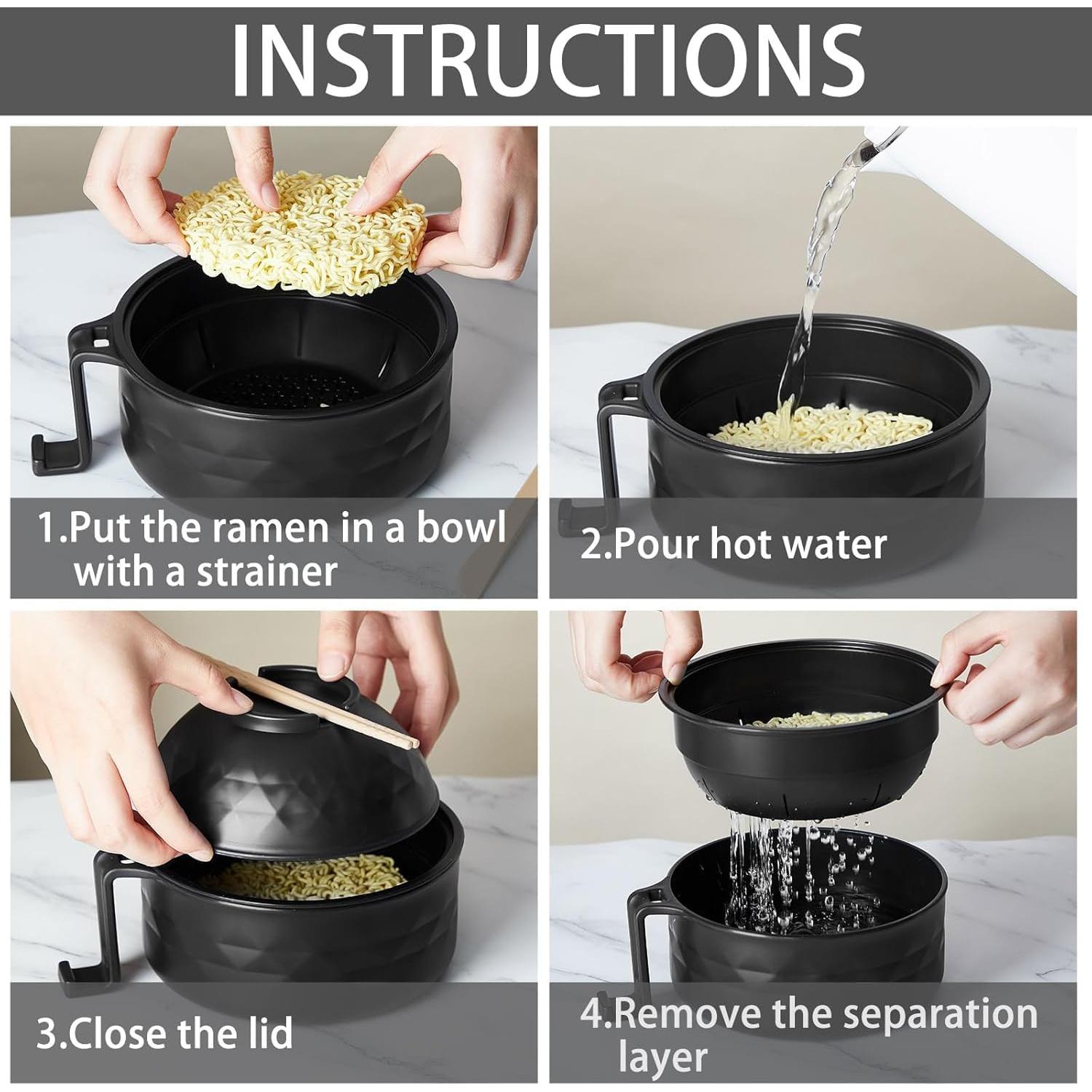 Juego de Tazón de Ramen Kcyuowq 1200 ml Microondas Negro