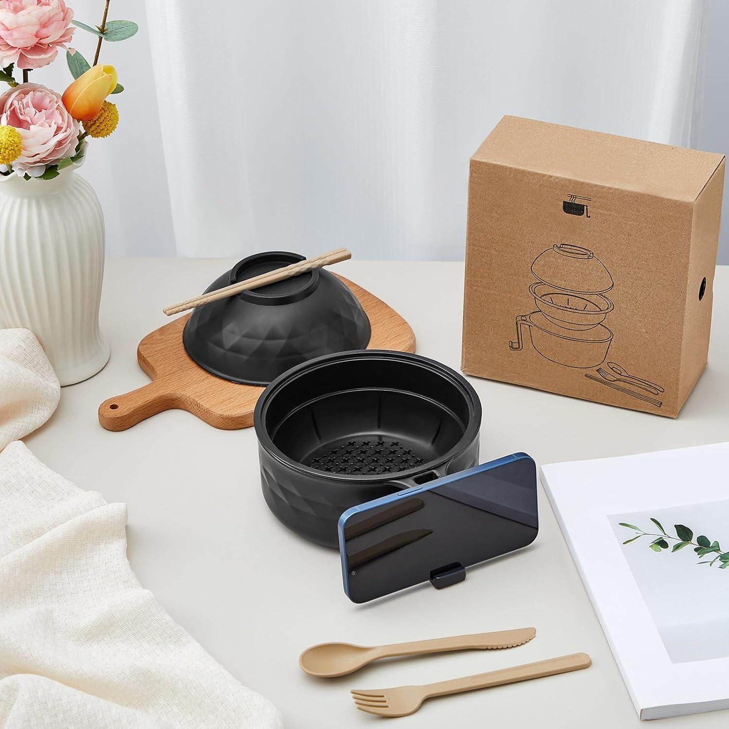 Juego de Tazón de Ramen Kcyuowq 1200 ml Microondas Negro