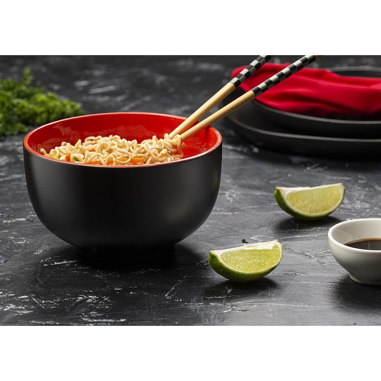 Tazón de Ramen KooK Cerámica 1,01 L Set de 4 Negro/Rojo