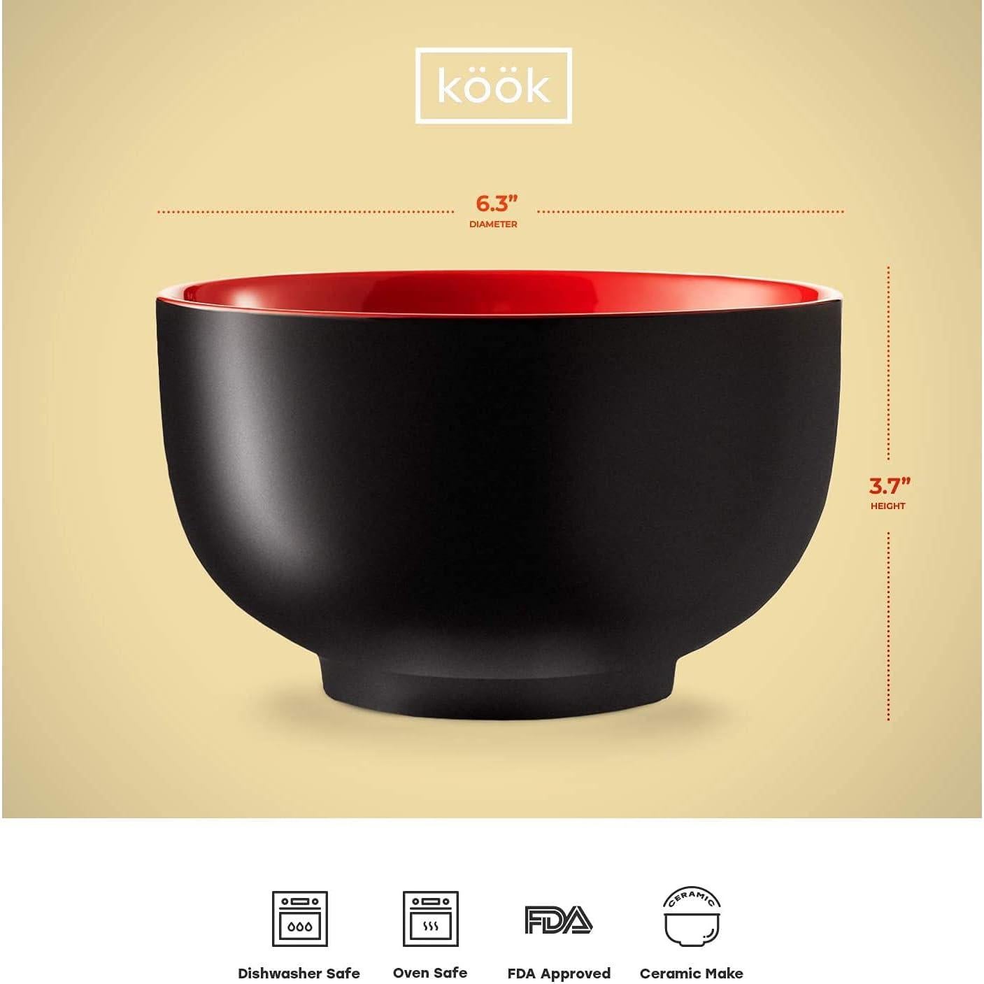 Tazón de Ramen KooK Cerámica 1,01 L Set de 4 Negro/Rojo