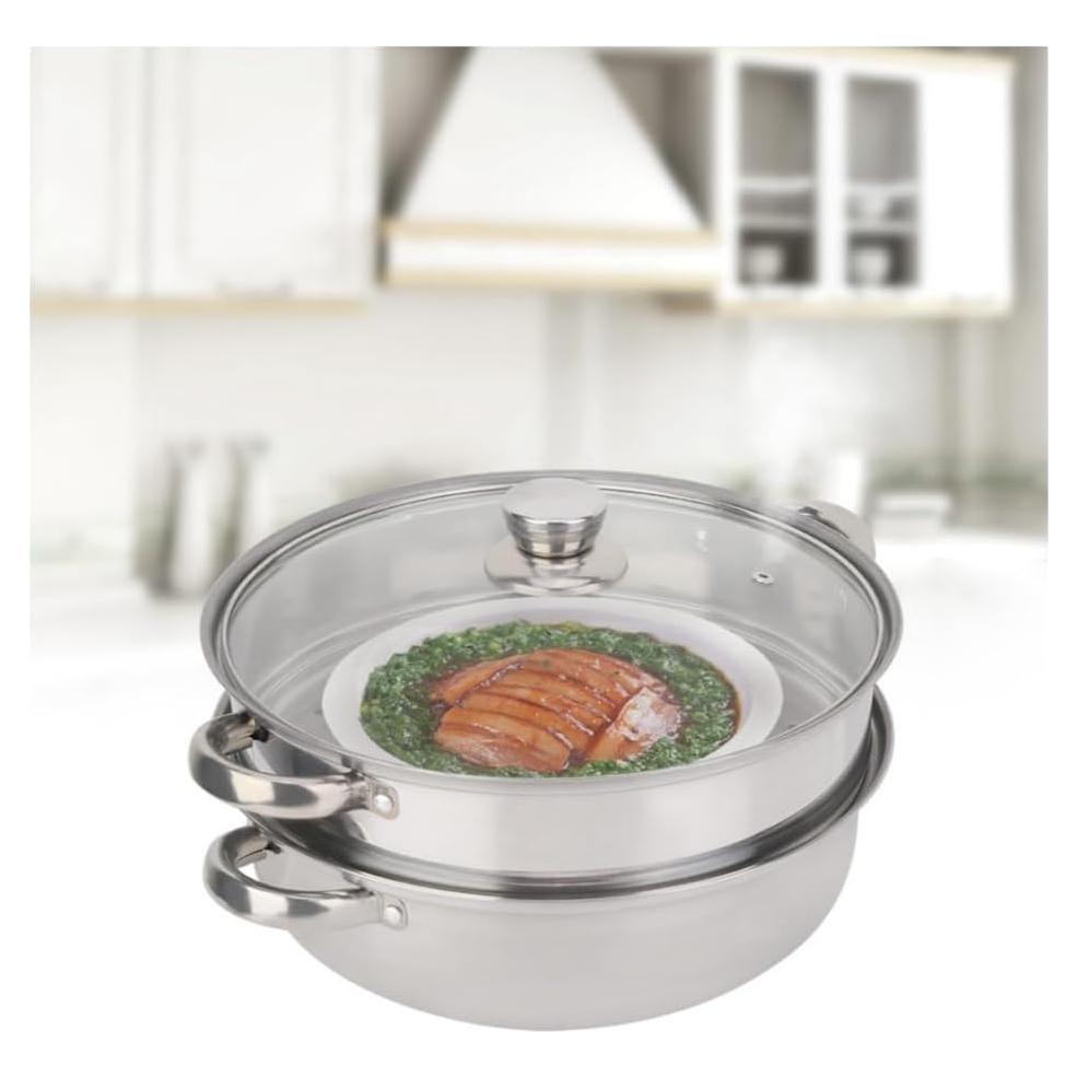 2 Layer Steamer,Stainless Steel Cookware 27cm 11in 2 Layer Steamer Pot Cooker Double Boiler Soup Steaming Pot for Steaming Buns Taro Seafood Etc