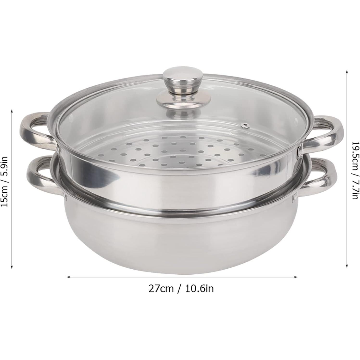 2 Layer Steamer,Stainless Steel Cookware 27cm 11in 2 Layer Steamer Pot Cooker Double Boiler Soup Steaming Pot for Steaming Buns Taro Seafood Etc