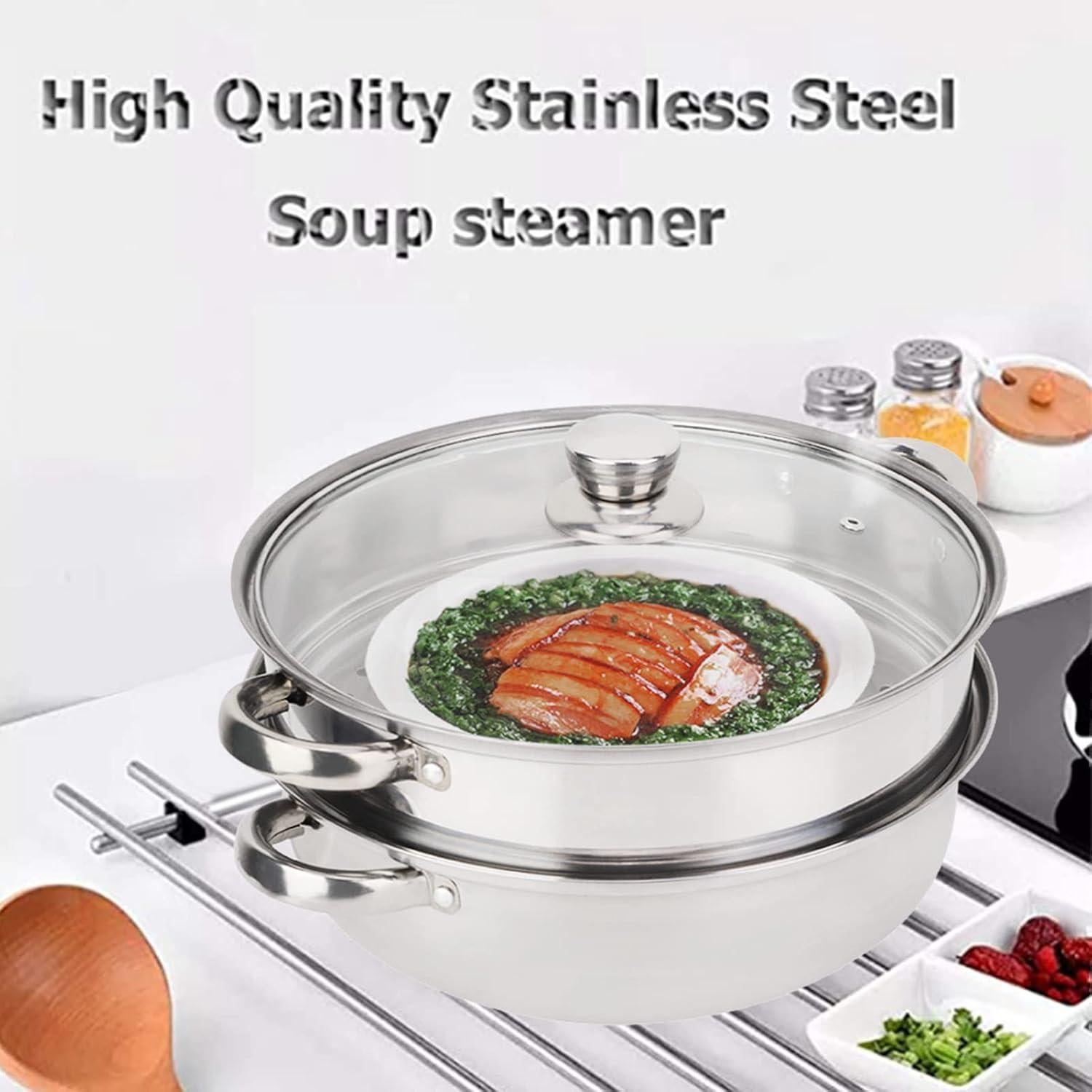 2 Layer Steamer,Stainless Steel Cookware 27cm 11in 2 Layer Steamer Pot Cooker Double Boiler Soup Steaming Pot for Steaming Buns Taro Seafood Etc