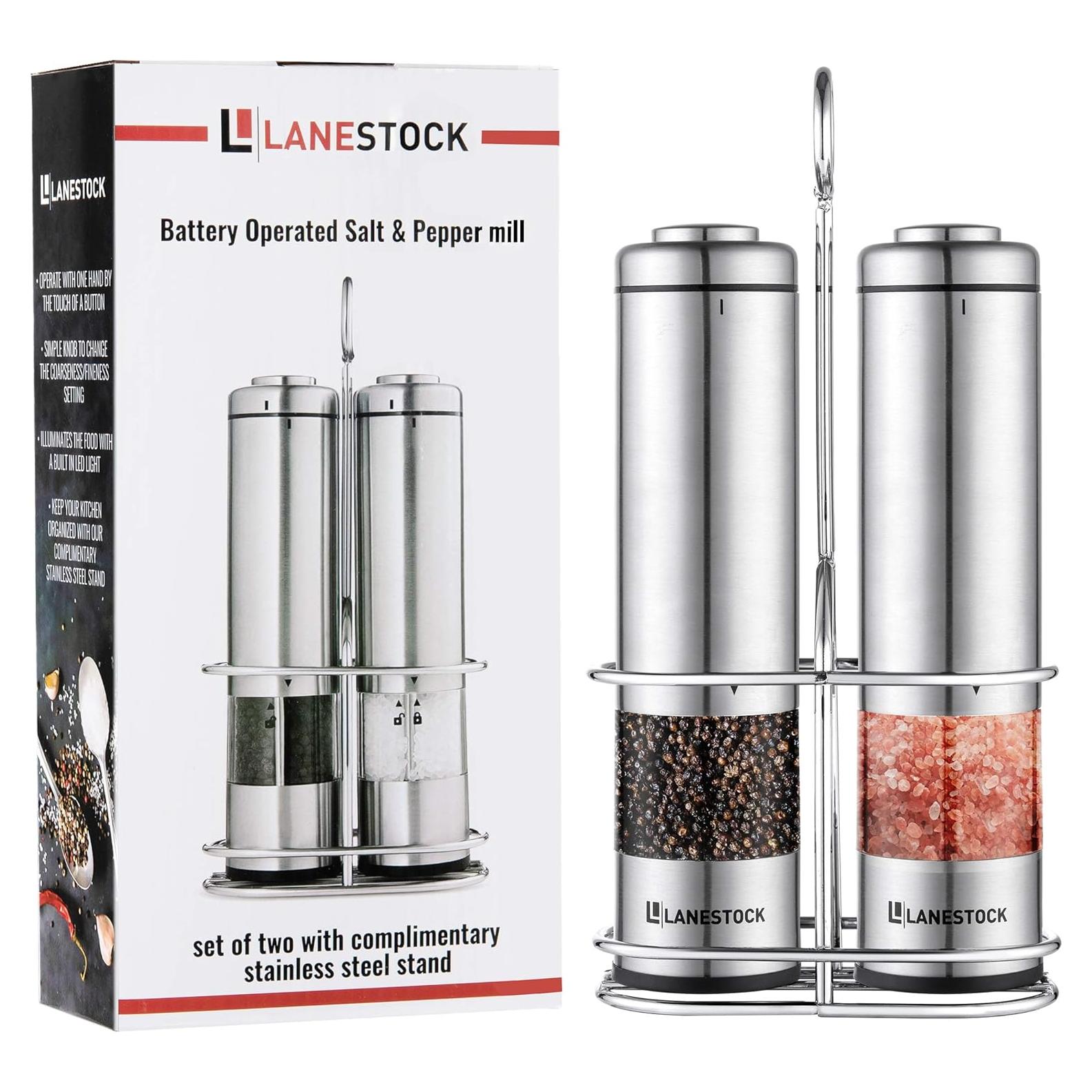 Electric Salt and pepper grinder by Lanestock - Combo set of battery operated stainless steel spice grinders with stand - LED light and adjustable knob on each mill - Powerful motor - long life-span