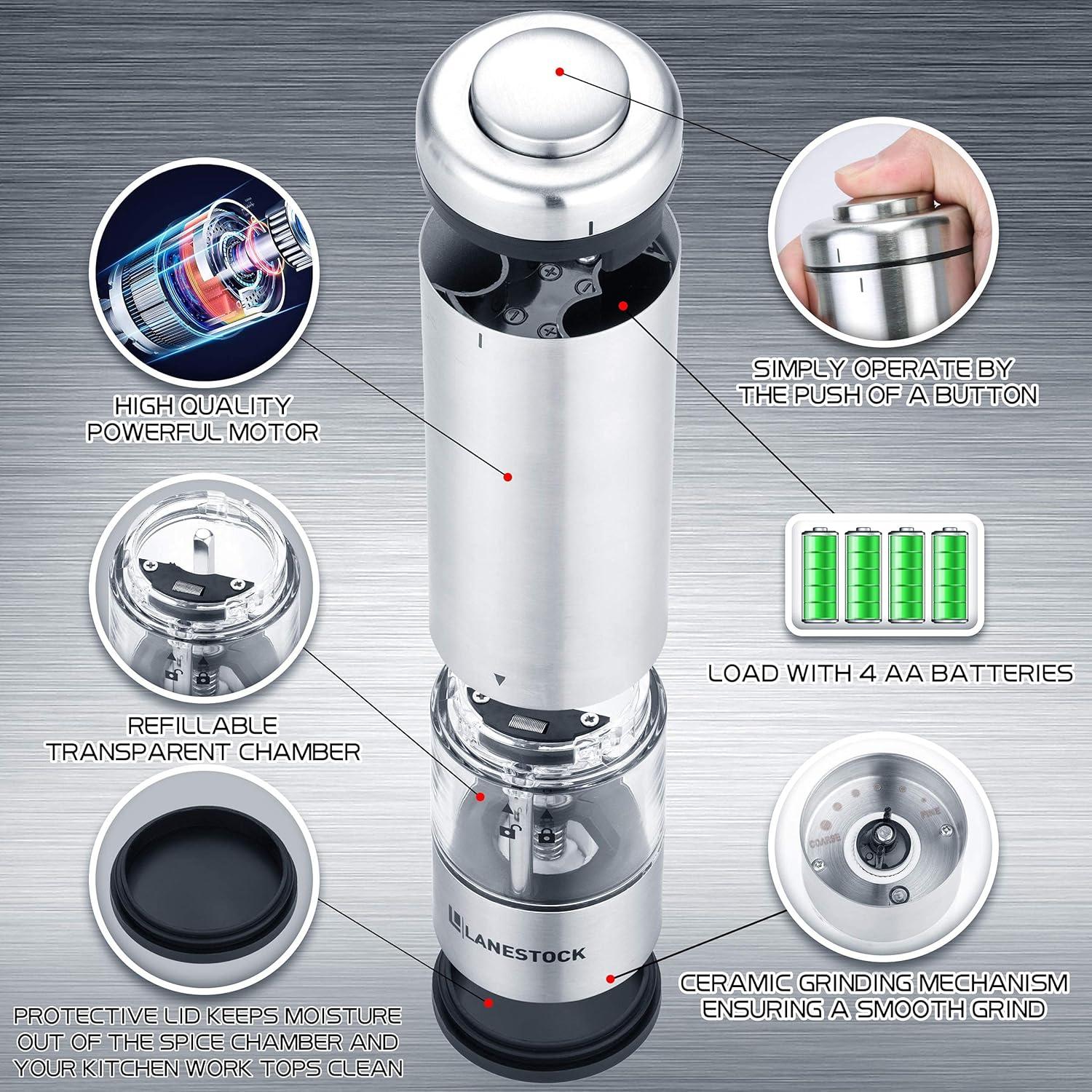 Electric Salt and pepper grinder by Lanestock - Combo set of battery operated stainless steel spice grinders with stand - LED light and adjustable knob on each mill - Powerful motor - long life-span