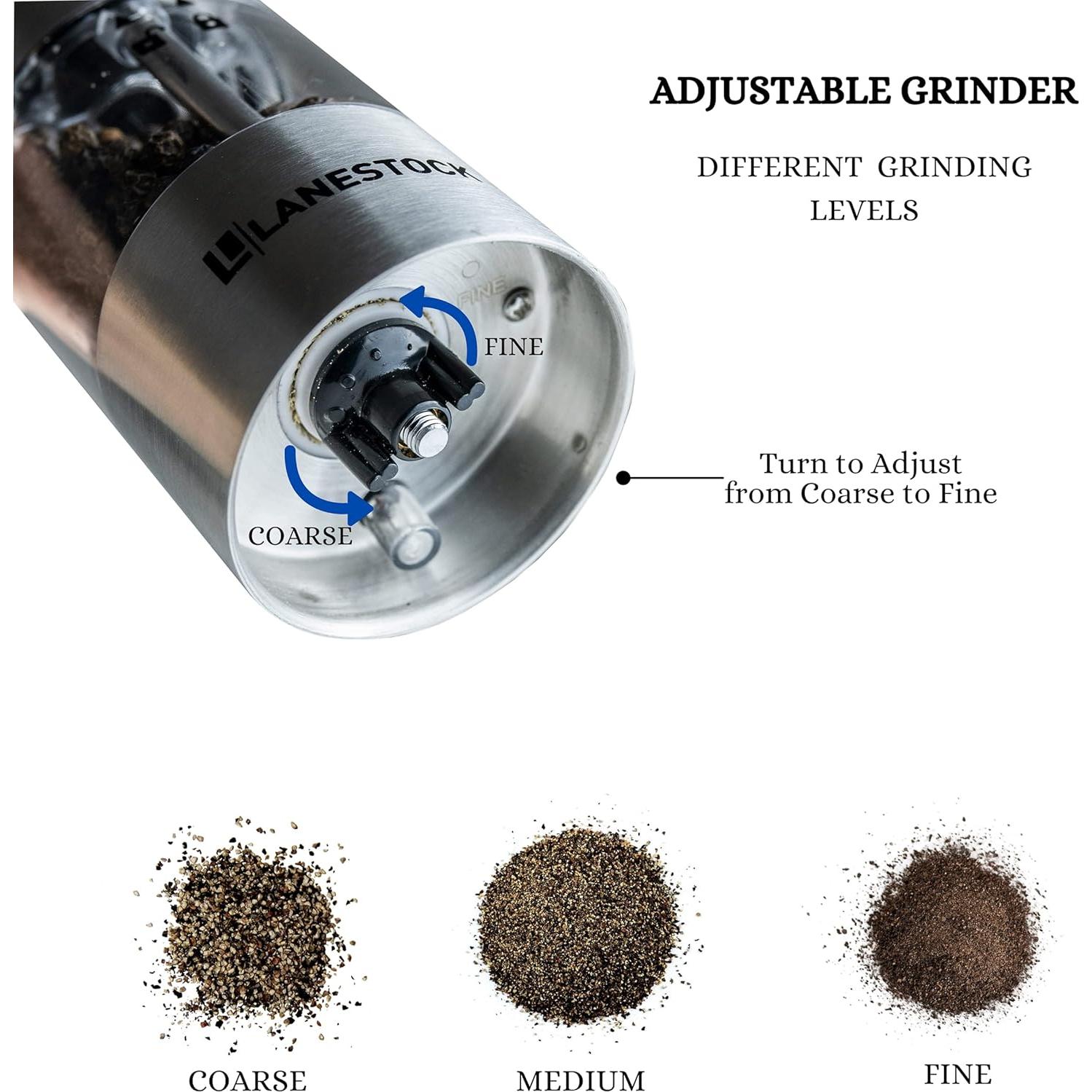 Electric Salt and pepper grinder by Lanestock - Combo set of battery operated stainless steel spice grinders with stand - LED light and adjustable knob on each mill - Powerful motor - long life-span