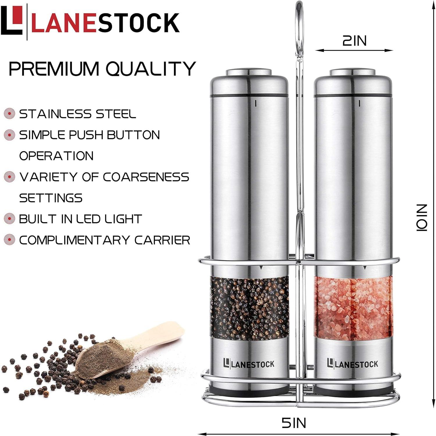 Electric Salt and pepper grinder by Lanestock - Combo set of battery operated stainless steel spice grinders with stand - LED light and adjustable knob on each mill - Powerful motor - long life-span
