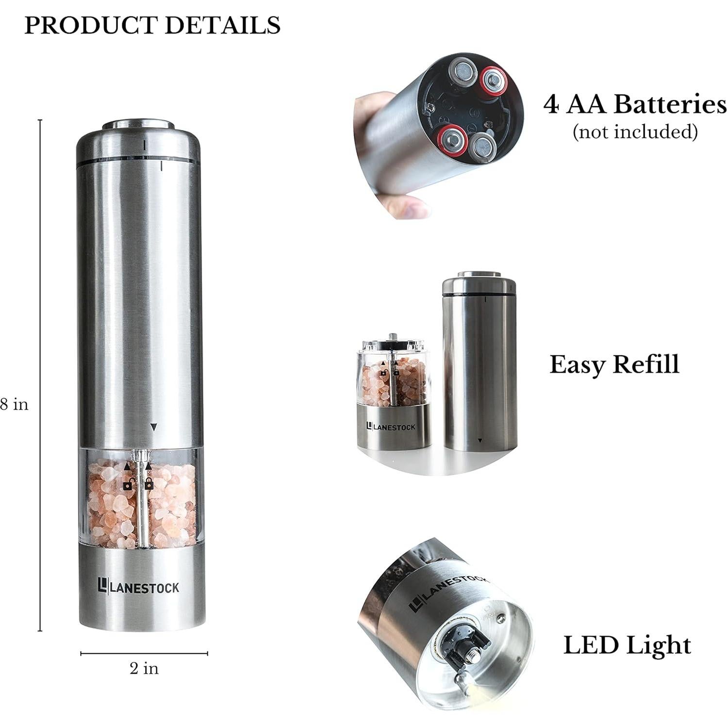 Electric Salt and pepper grinder by Lanestock - Combo set of battery operated stainless steel spice grinders with stand - LED light and adjustable knob on each mill - Powerful motor - long life-span