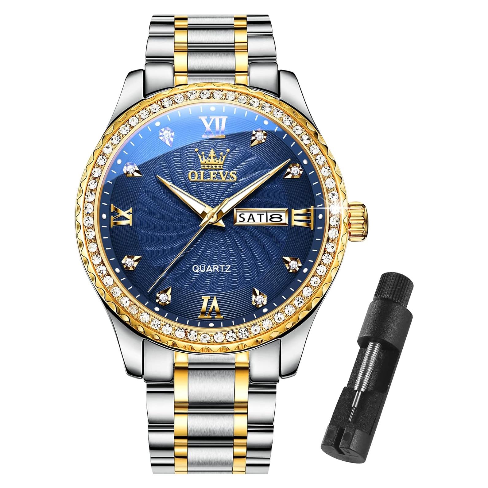 Reloj OLEVS Hombre Gran Dial Azul Dorado 40mm Acero