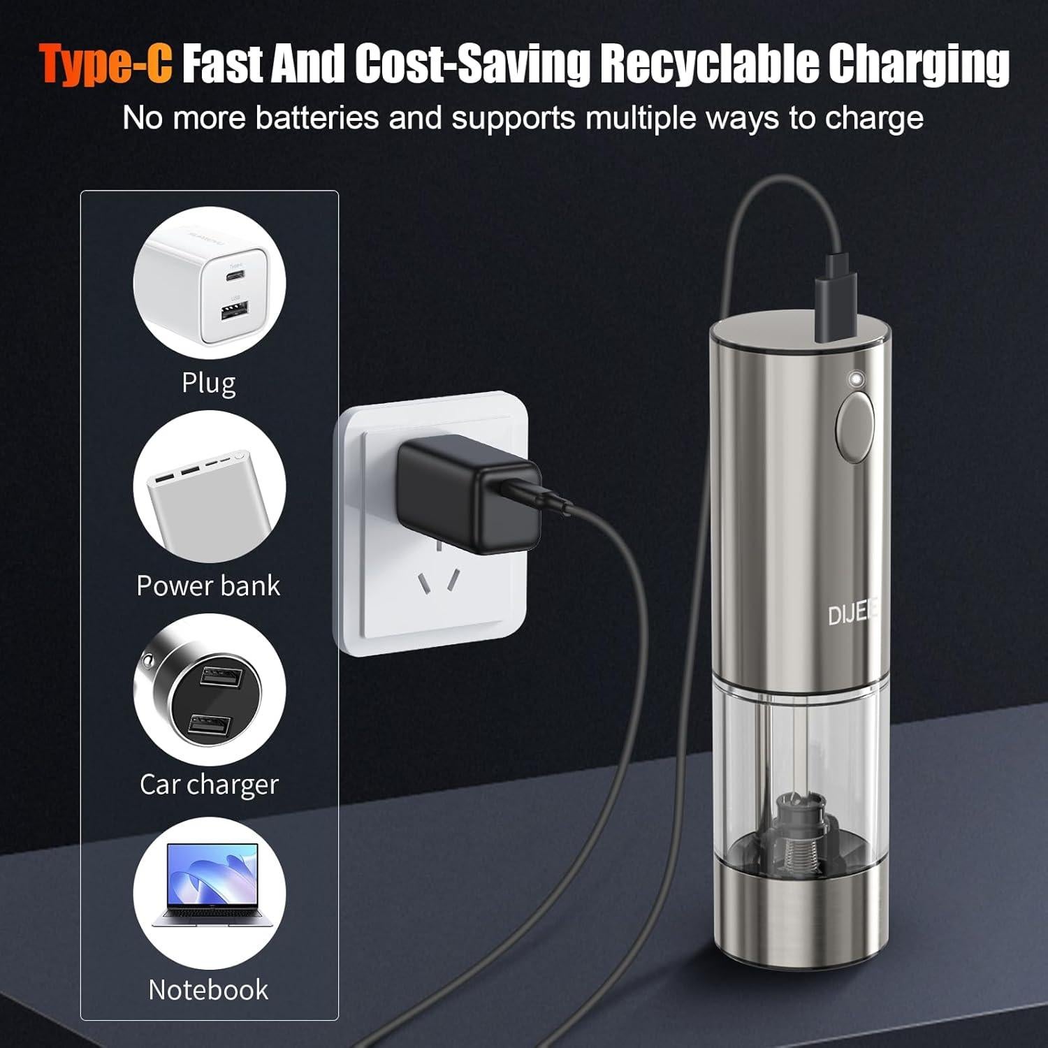 Molino de pimienta eléctrico DIJEE recargable USB 95 ml