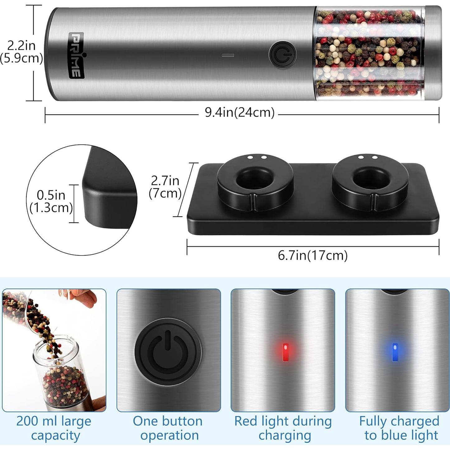 Molinillos de Sal y Pimienta Eléctricos Prime, 2 Pzs, Acero Inoxidable
