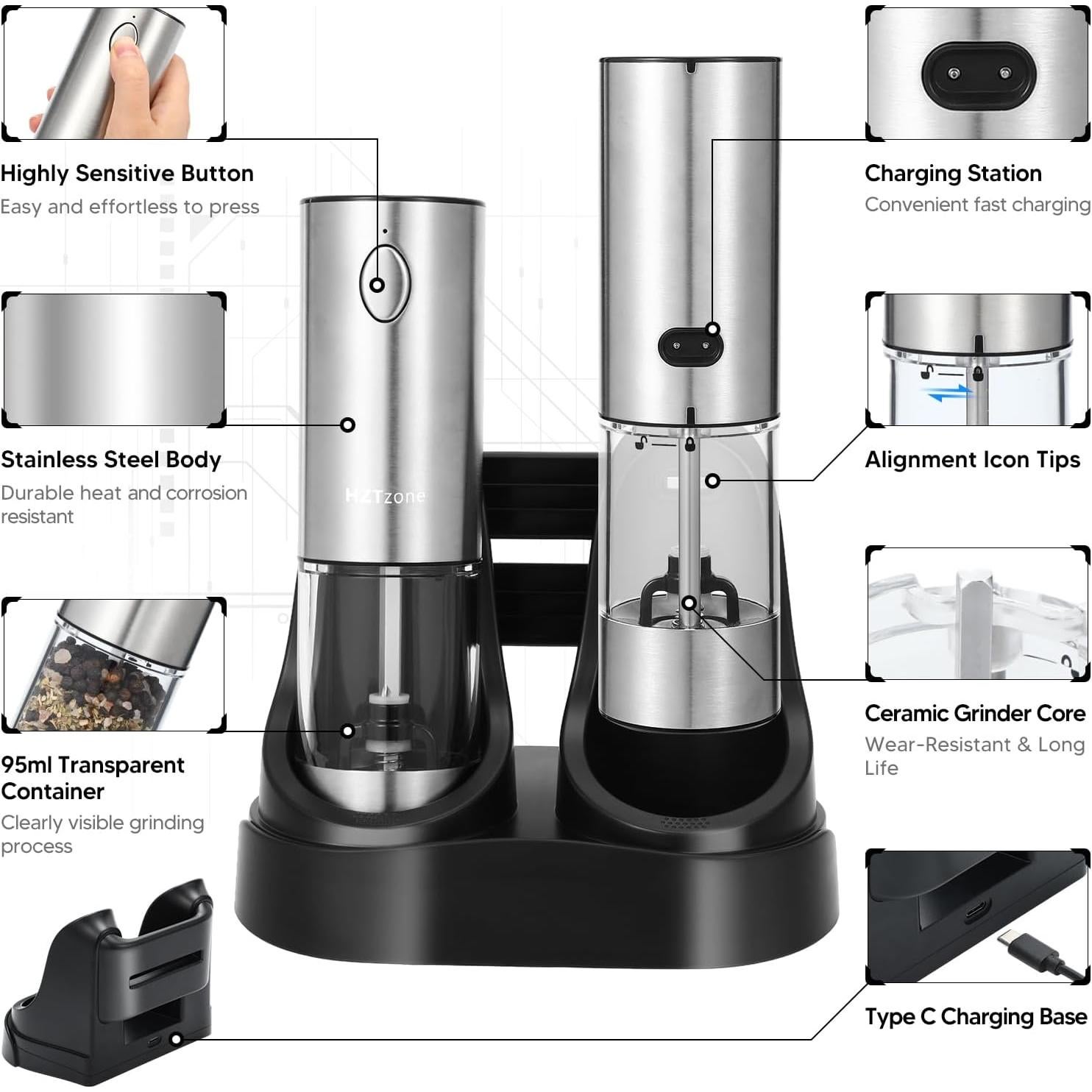 Juego de Molinillos Eléctricos HZTzone Acero Inoxidable 95ml