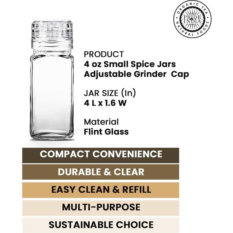 Tarro de Especias de Vidrio 4 Oz. Pride Of India con Molinillo