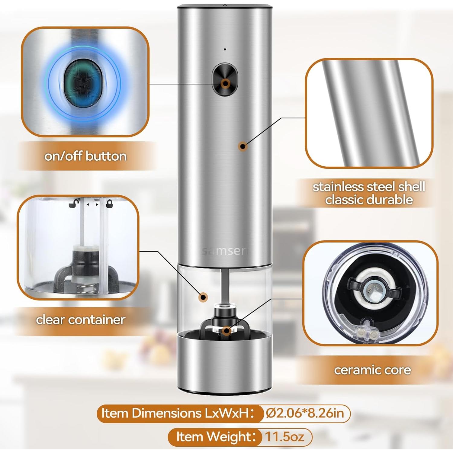 Molino de Pimienta Eléctrico Samsen Acero Inoxidable 70ml