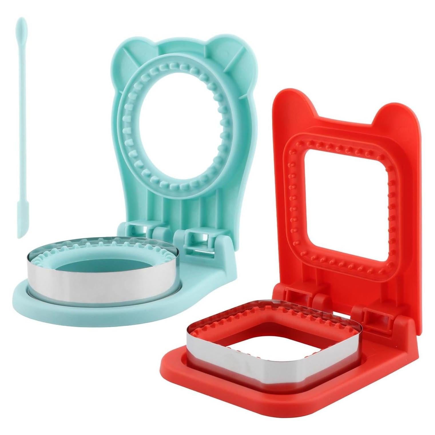 2PCS Uncrus-tables Sandwich Maker,Square Round Sandwich Cutter and Sealer for Kids Lunch,Crustless Sandwich Cutter for DIY School Lunch Boxes Boys Girls(blue red,Size:6.3x4.88x1.73/5.51x2.56)