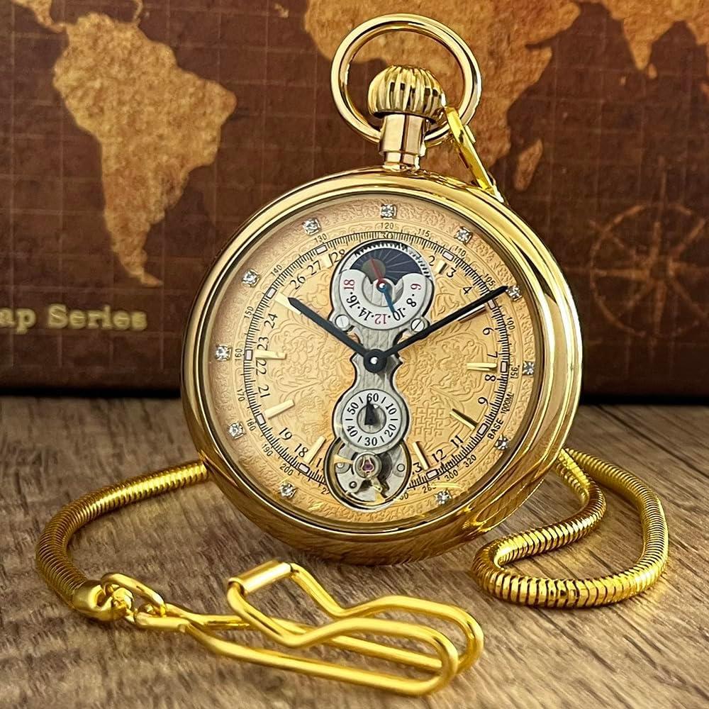 Reloj de bolsillo mecánico VIGOROSO dorado con subesferas