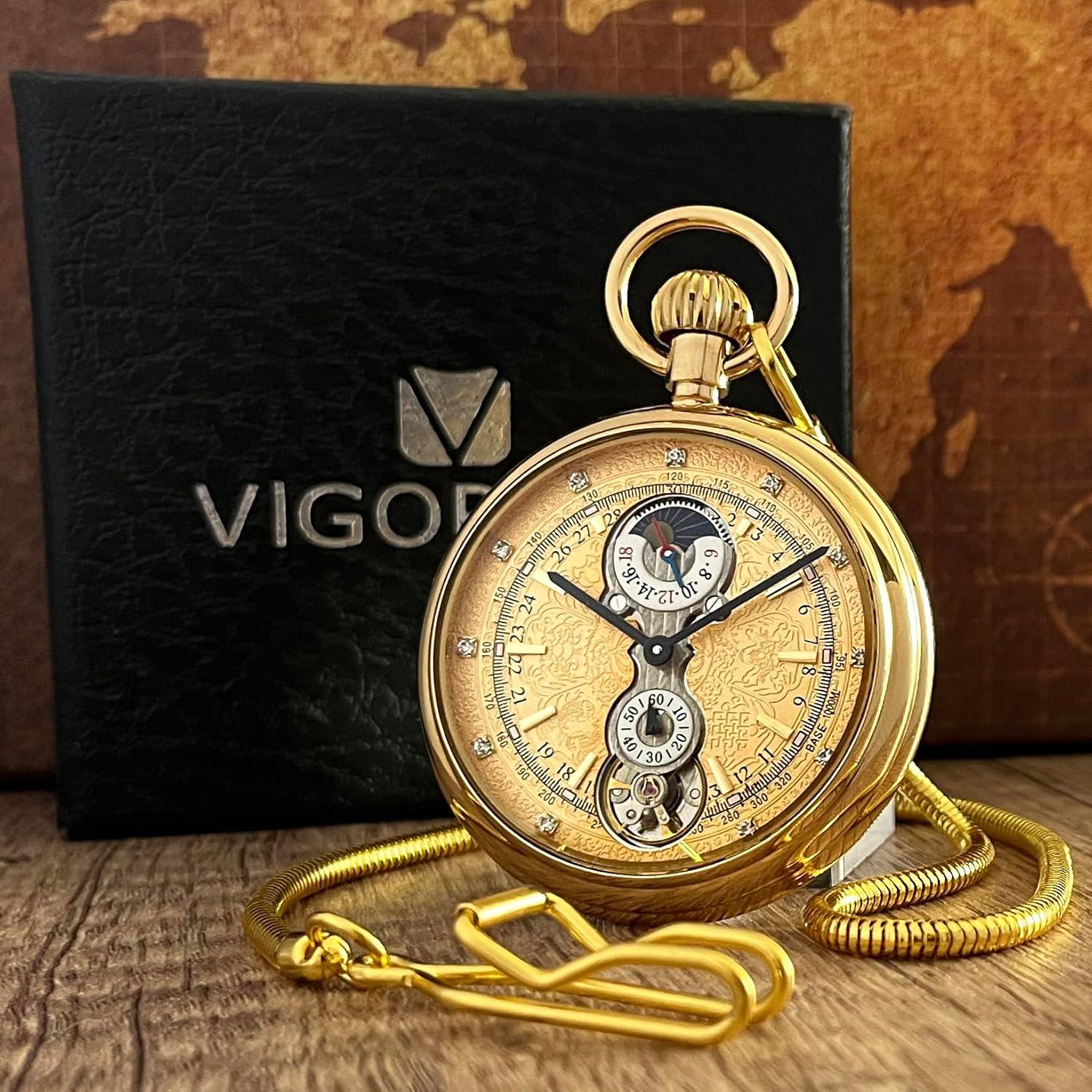 Reloj de bolsillo mecánico VIGOROSO dorado con subesferas