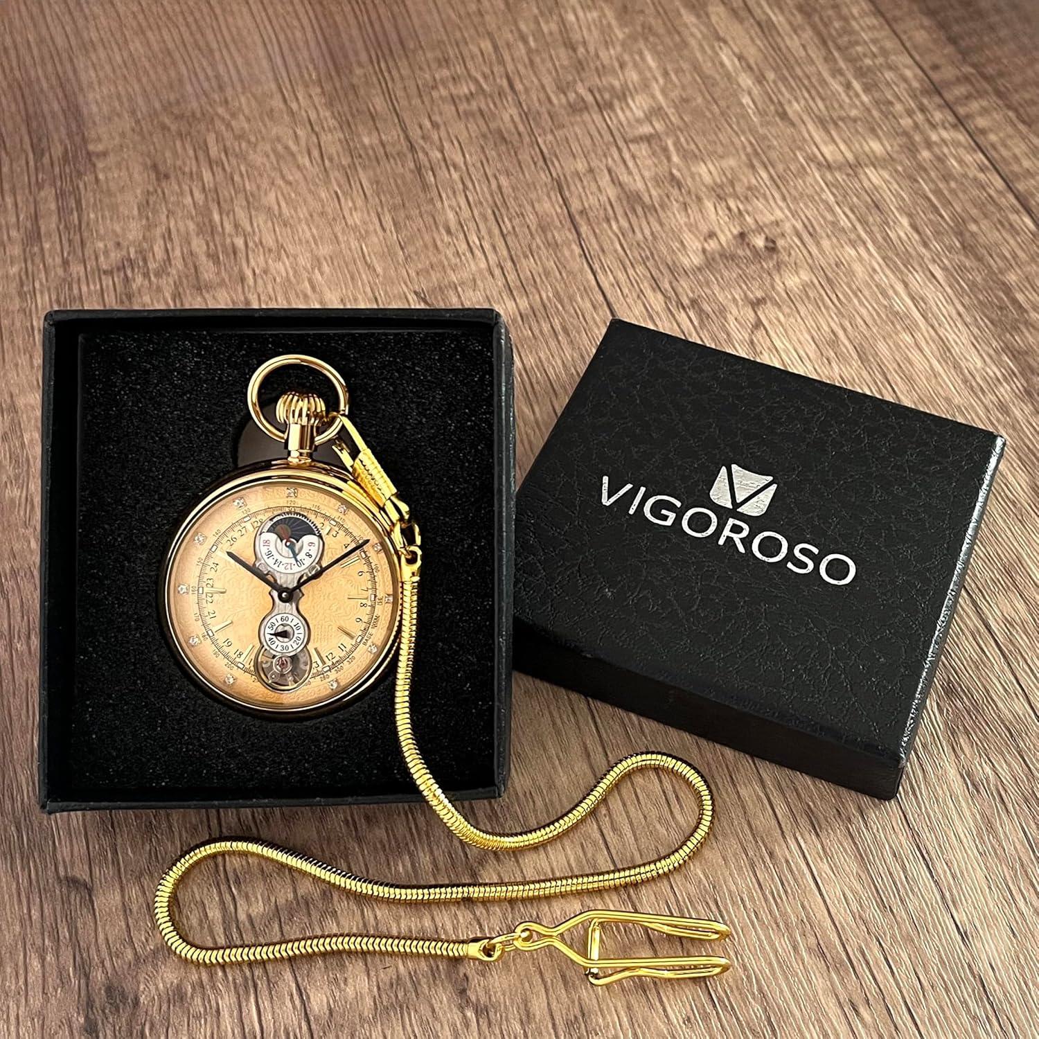 Reloj de bolsillo mecánico VIGOROSO dorado con subesferas