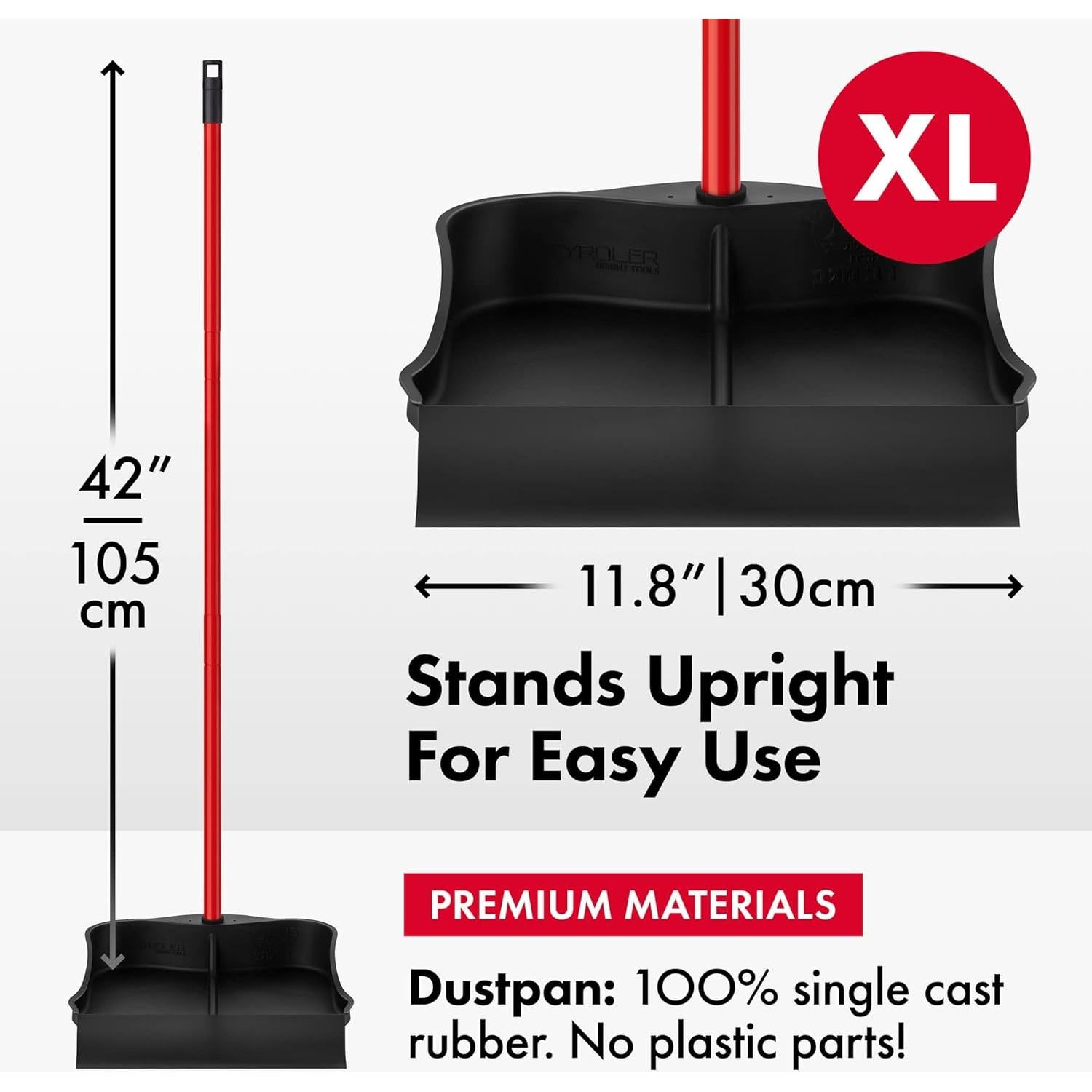 Tyroler Multi-Purpose Extra Large 100% Rubber Dustpan for Dry & Wet Floor Cleaning Indoor and Outdoor | New 105cm Long Aluminum Anti-Rust Handle | Compatible with Any Size Broom and Squeegee