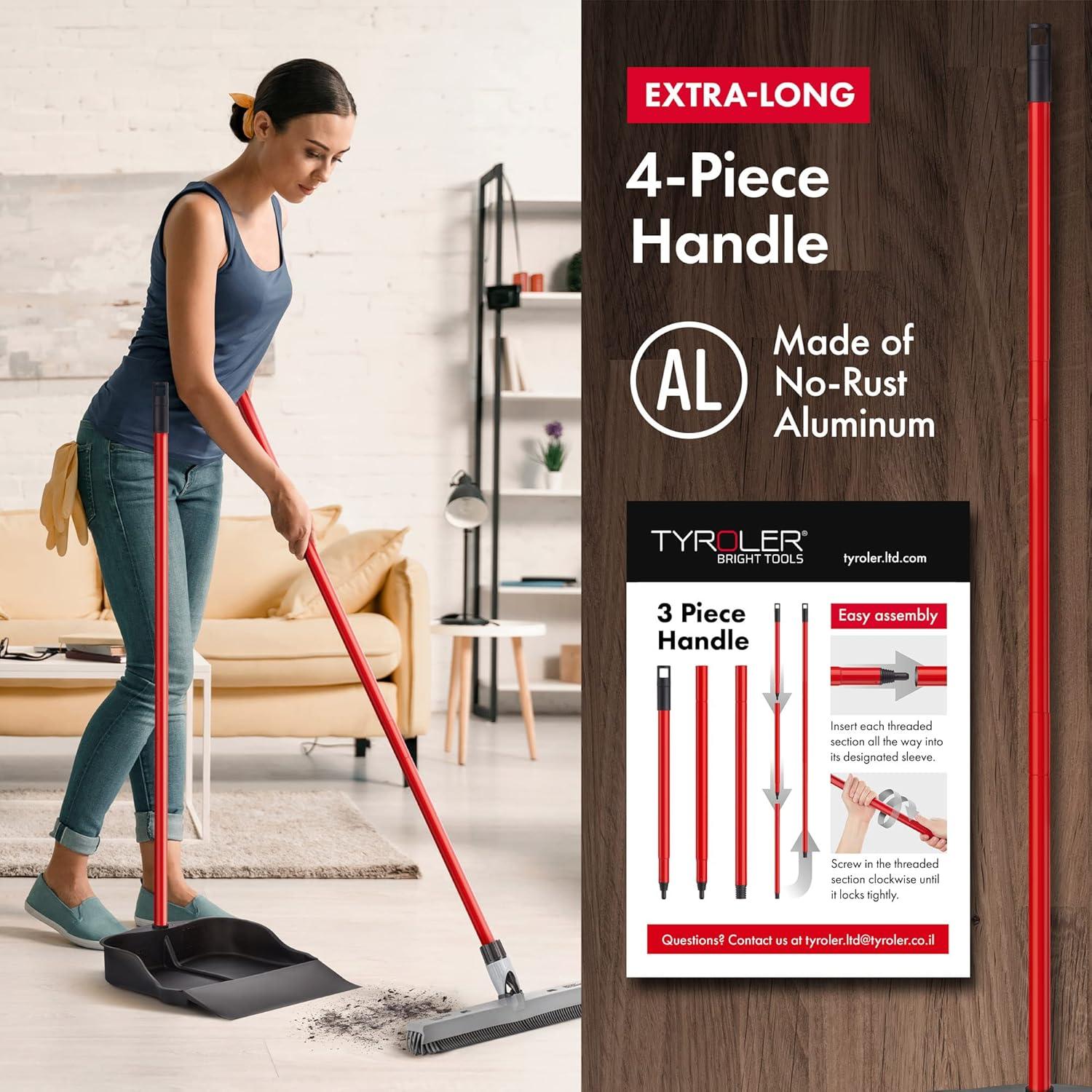 Tyroler Multi-Purpose Extra Large 100% Rubber Dustpan for Dry & Wet Floor Cleaning Indoor and Outdoor | New 105cm Long Aluminum Anti-Rust Handle | Compatible with Any Size Broom and Squeegee