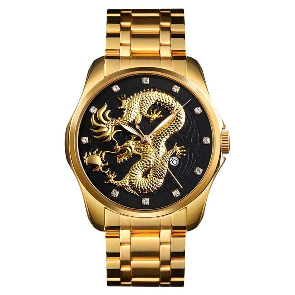 Reloj de Pulsera de Cuarzo Gosasa Dragón Chino Dorado 46mm