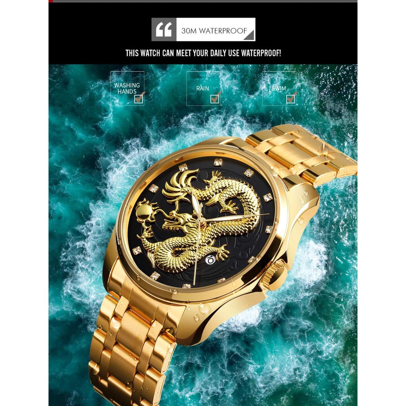 Reloj de Pulsera de Cuarzo Gosasa Dragón Chino Dorado 46mm