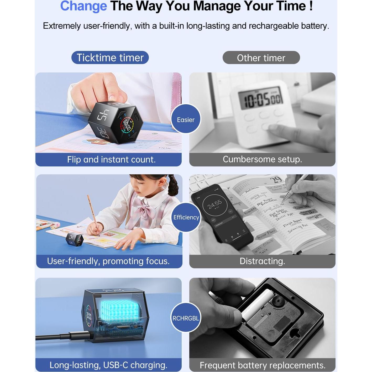 Temporizador Pomodoro Ticktime Gris 6 Modos Silencioso