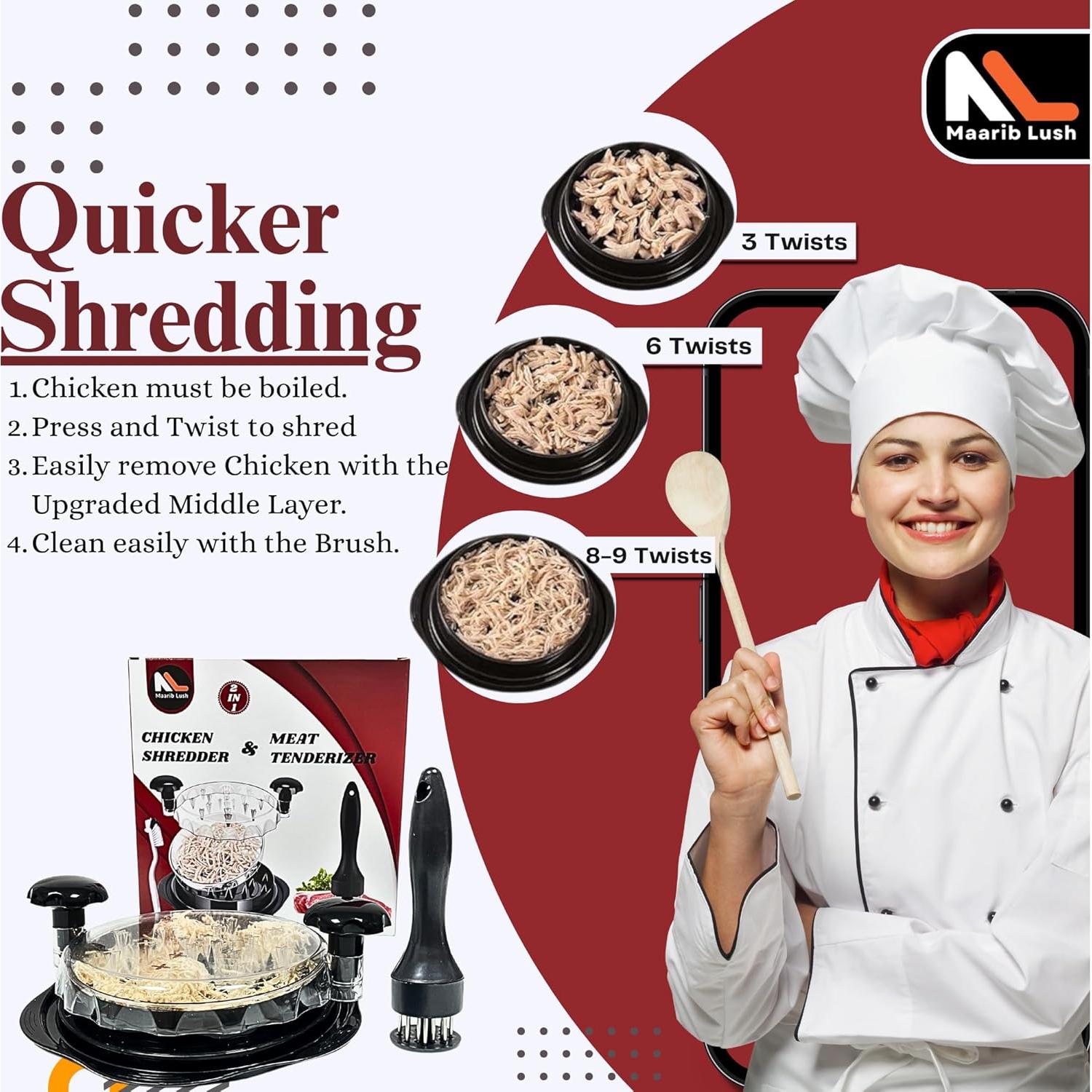Desmenuzador de Pollo Mejorado Maarib Lush con Ablandador y Cepillo