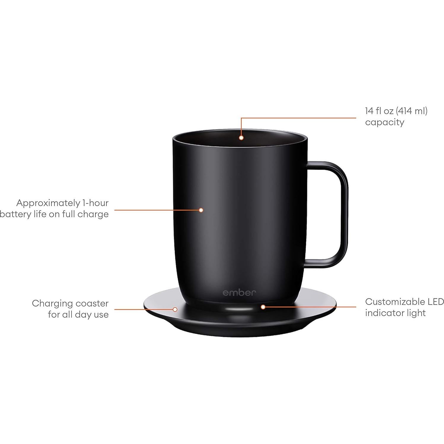 Temperature Control Smart Mug, 14 oz, 1-hr Battery Life, Black - App Controlled Heated Coffee Mug