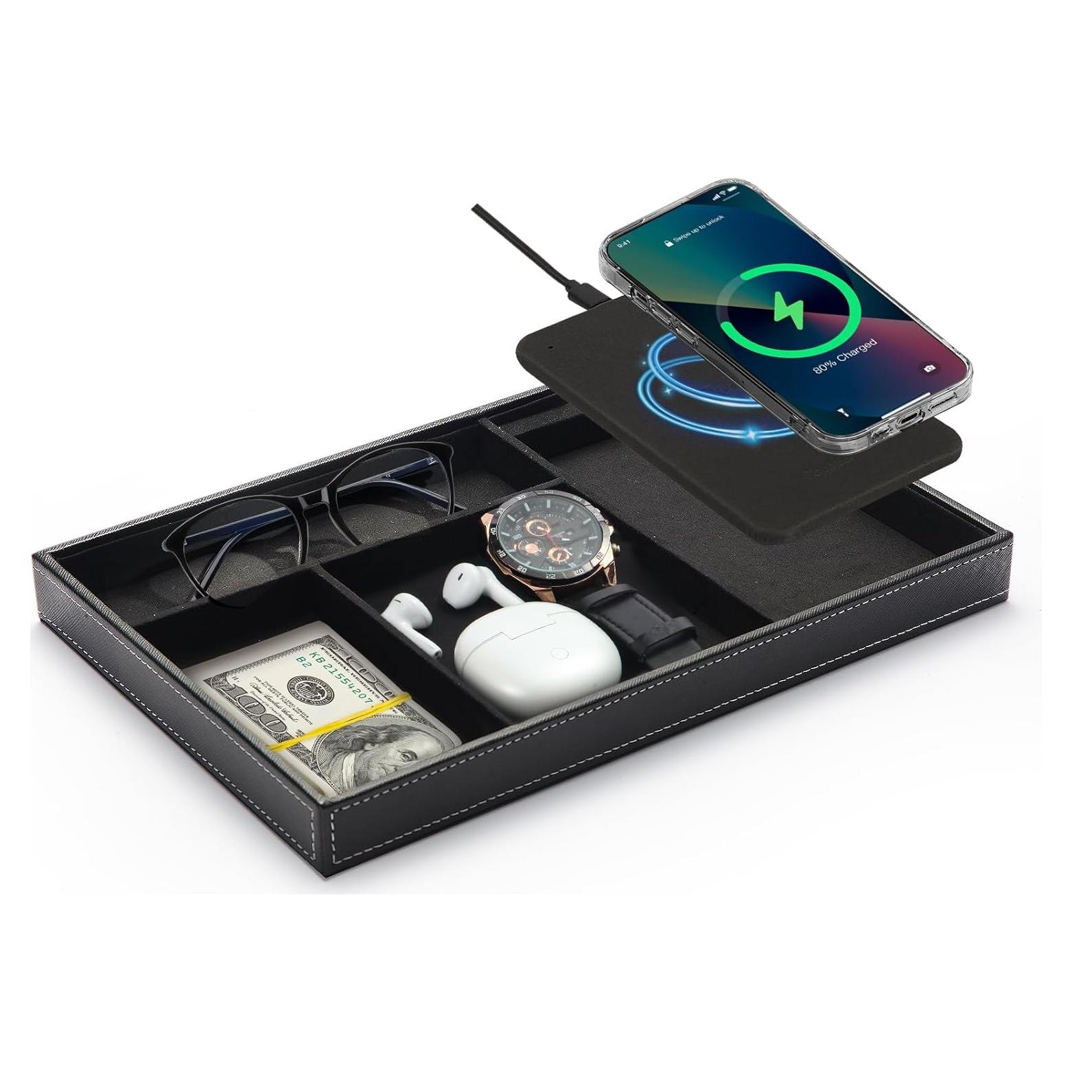 TopMade Bandeja de Valet con Carga Inalámbrica 4 Compartimentos Negro