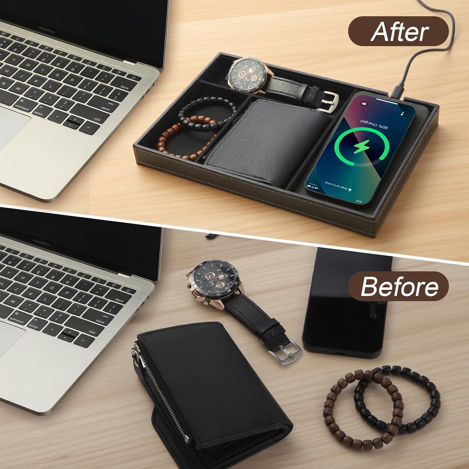 TopMade Bandeja de Valet con Carga Inalámbrica 4 Compartimentos Negro