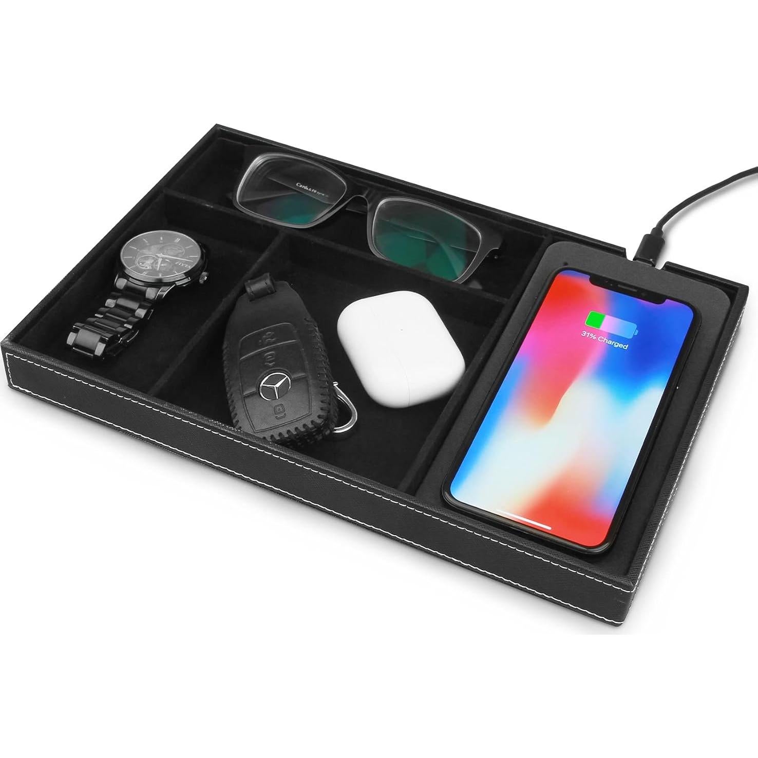 TopMade Bandeja de Valet con Carga Inalámbrica 4 Compartimentos Negro