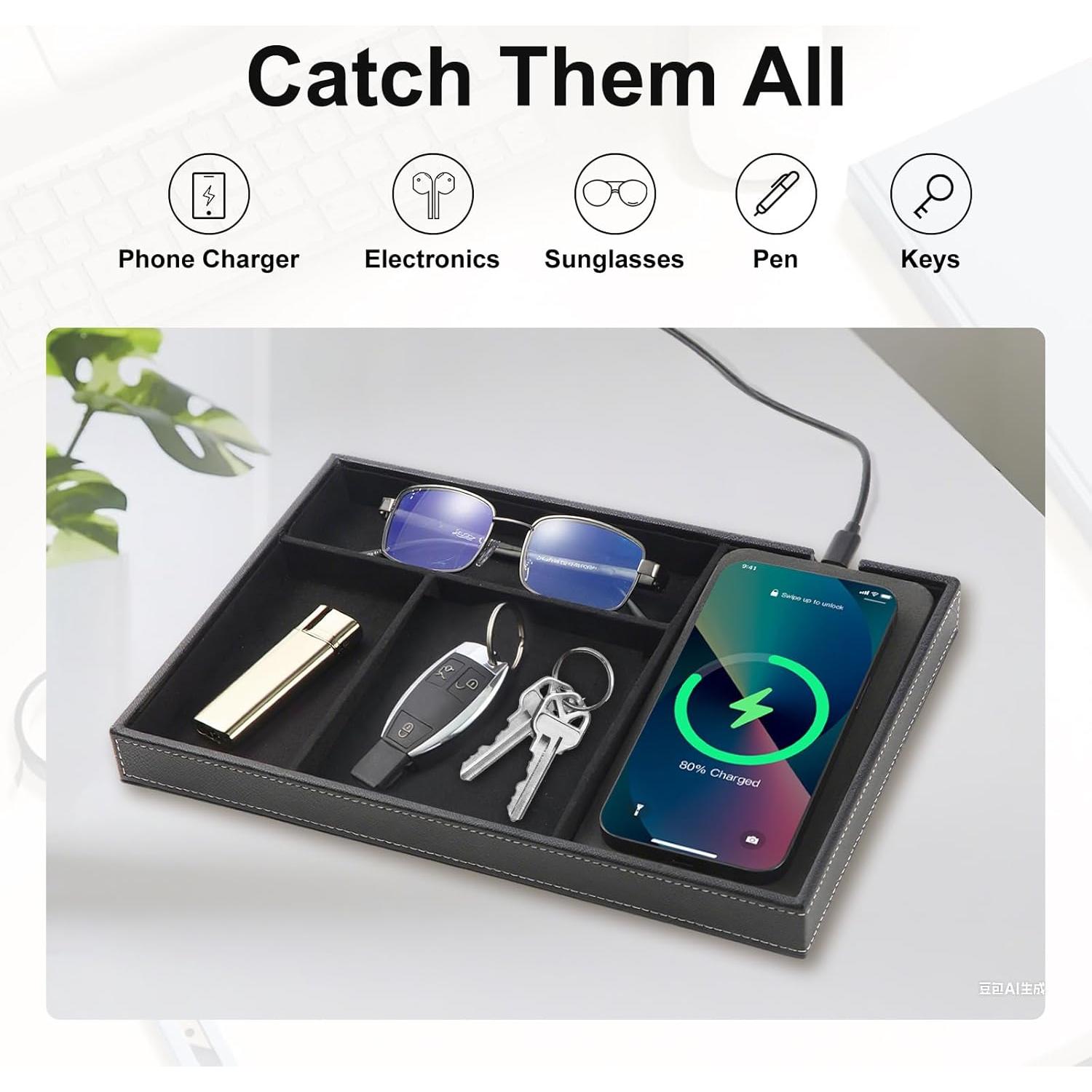 TopMade Bandeja de Valet con Carga Inalámbrica 4 Compartimentos Negro