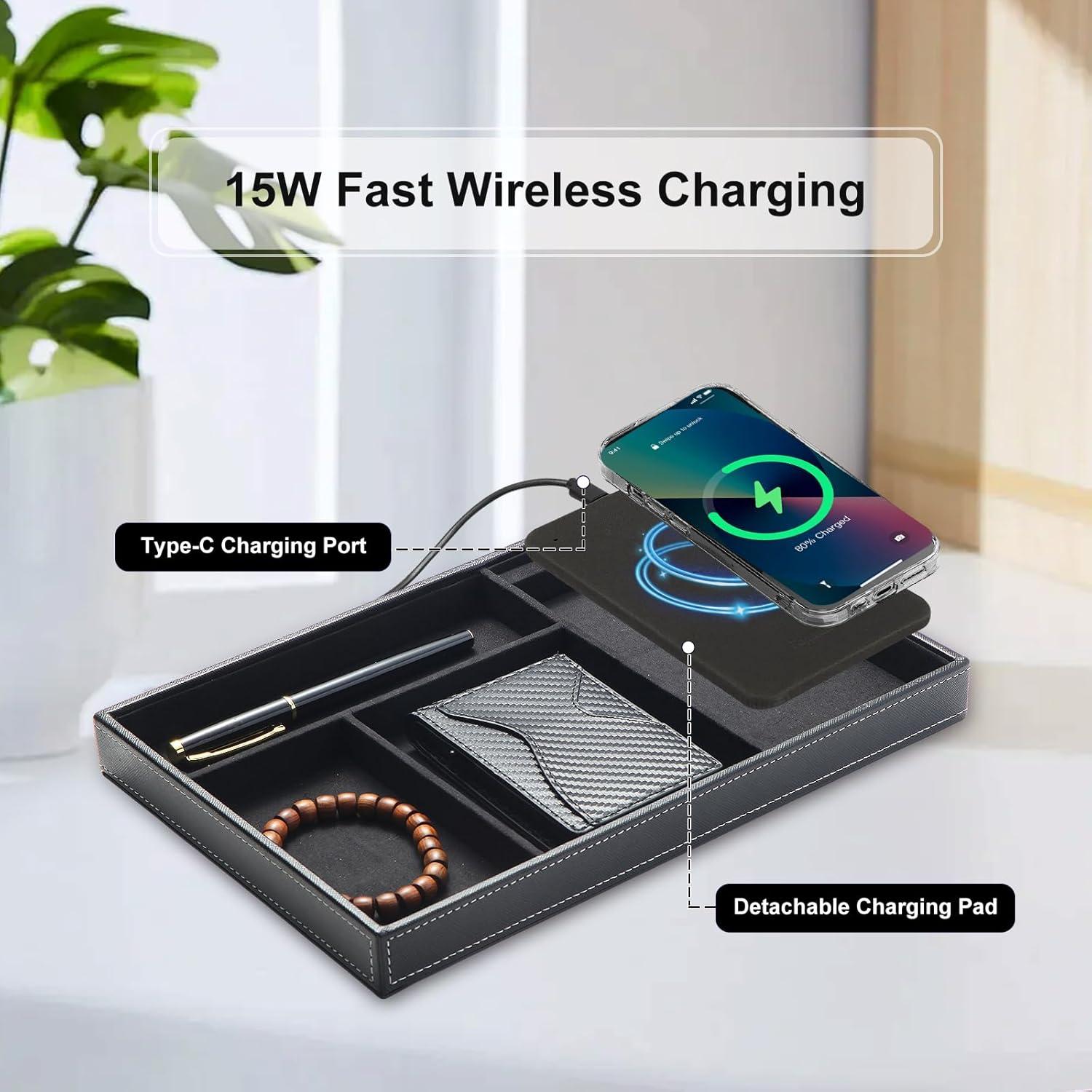 TopMade Bandeja de Valet con Carga Inalámbrica 4 Compartimentos Negro