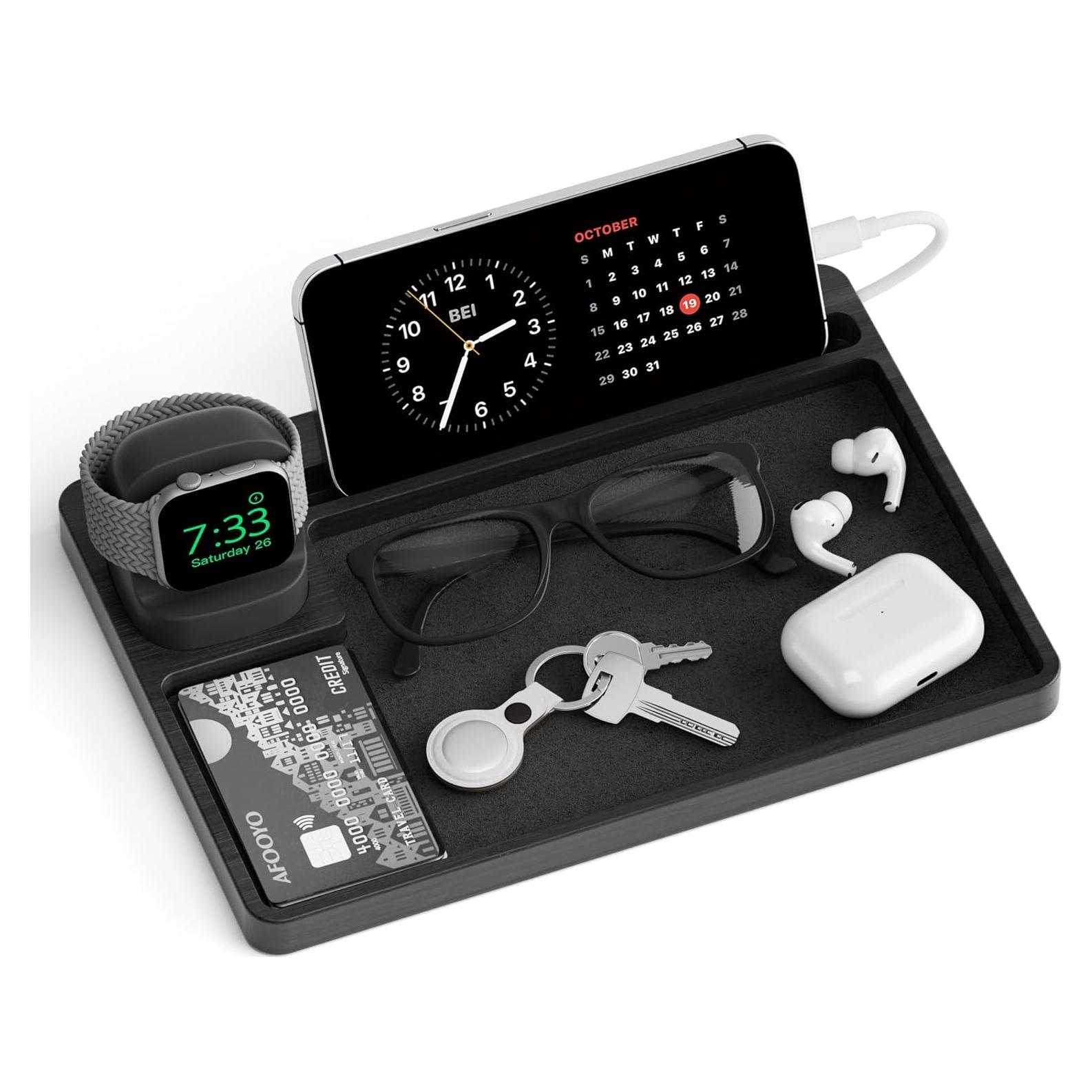 Organizador de Reloj de Madera Bambú con Carga Apple Watch