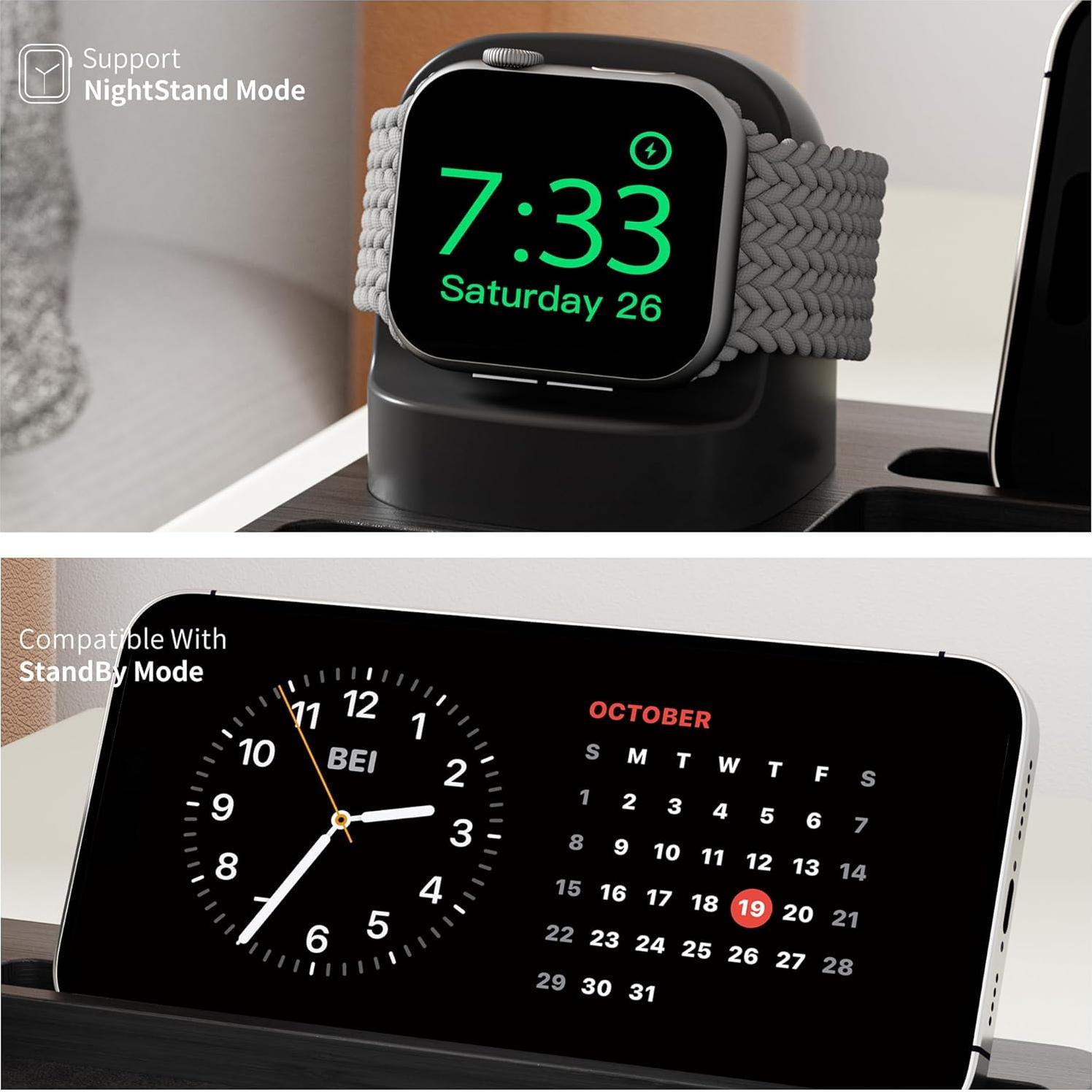 Organizador de Reloj de Madera Bambú con Carga Apple Watch