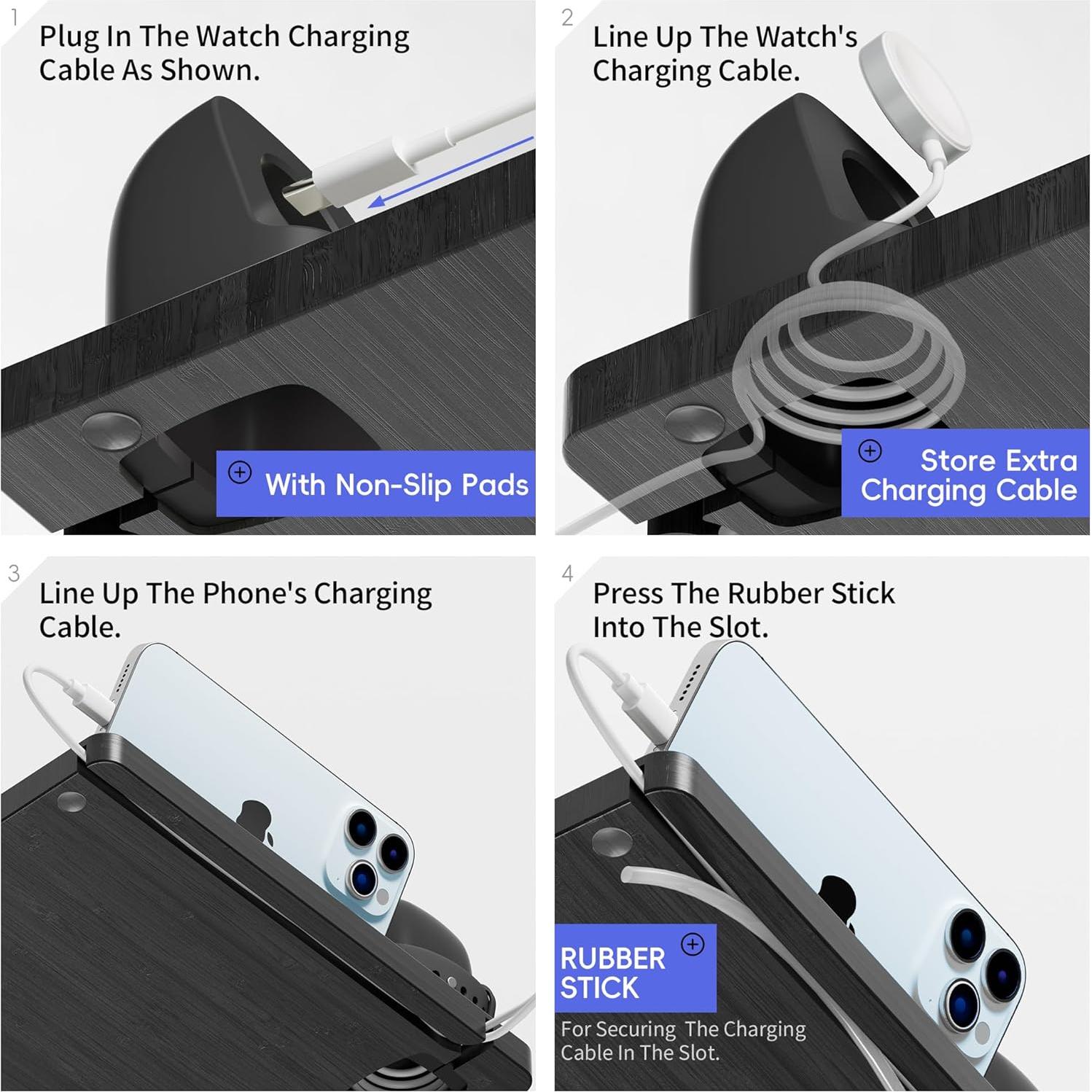 Organizador de Reloj de Madera Bambú con Carga Apple Watch