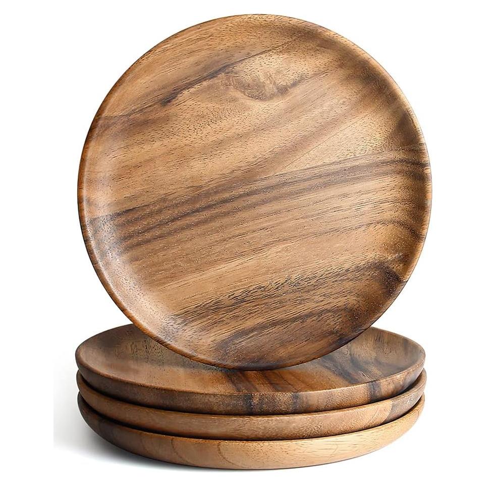 IQCWOOD Set de 4 Platos de Madera de Acacia 20 cm