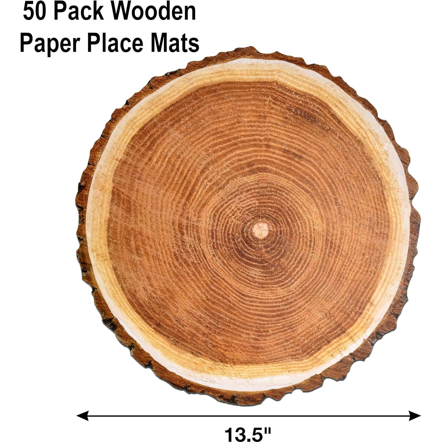 Gift Boutique Disposable Wooden Slice Paper Place Mats 50 Pack 13.5" Round Rustic Brown Wood Slices Charger Place Mat for Farmhouse Tan Table Setting Summer Spring Fall Wedding Dinner Party Decor