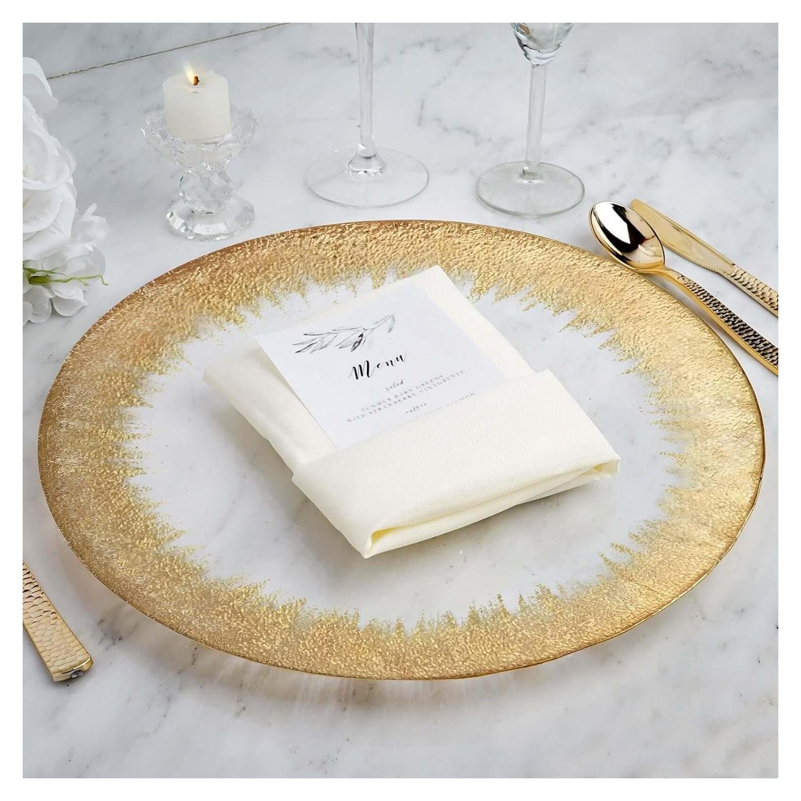 Platos de Cargador de Vidrio TCF Linen 33 cm Bisel Dorado 8 Pzas