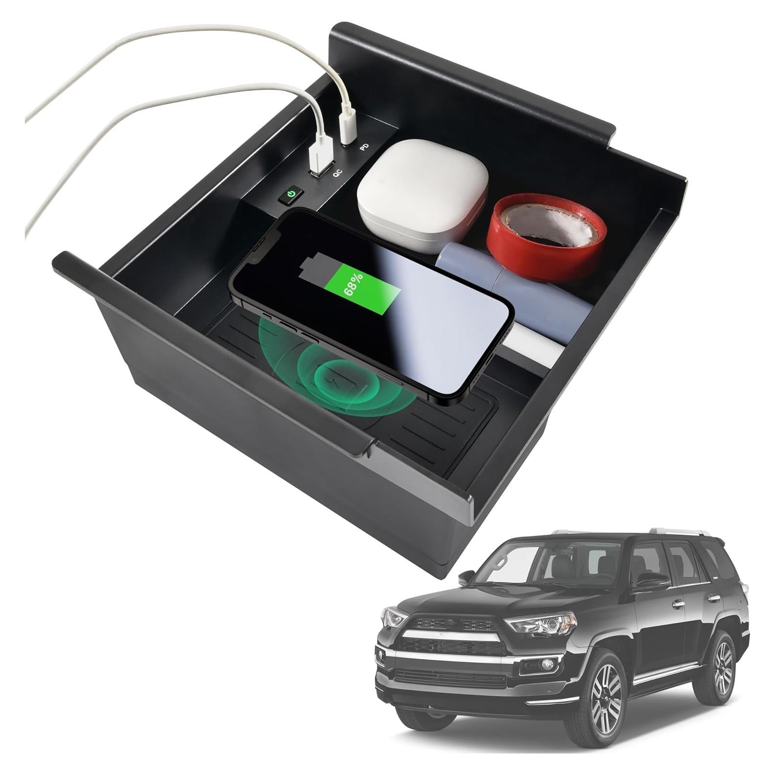 Wireless Charger for Toyota 4runner 2010-2024, Center Console Organizer Tray USB-A USB-C Fast Wireless Charging Pad Armrest Storage Box for Toyota 4runner 5th Gen SR5 TRD Accessories